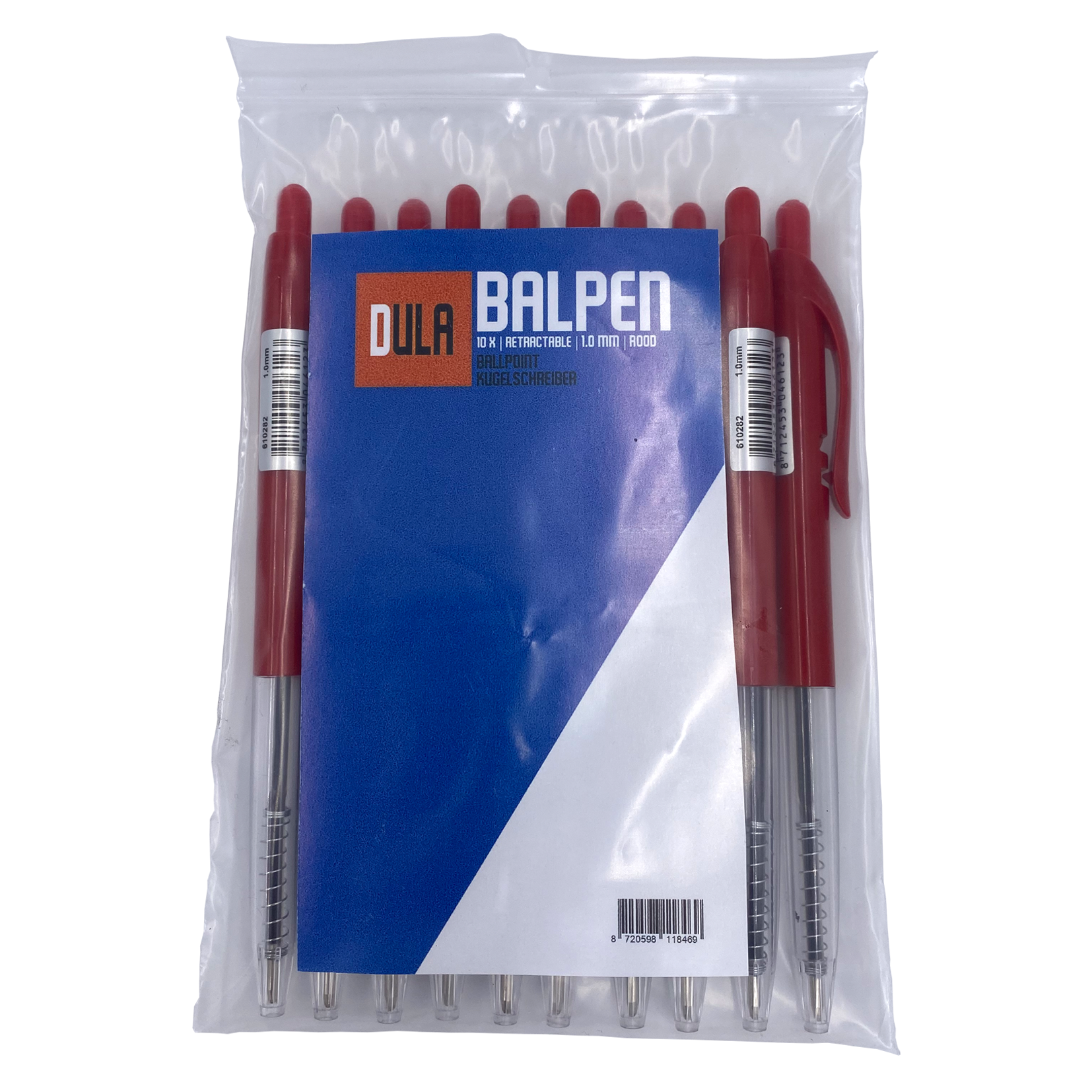 Een verpakking rode balpennen. De verpakking bevat een blauw en wit label.
