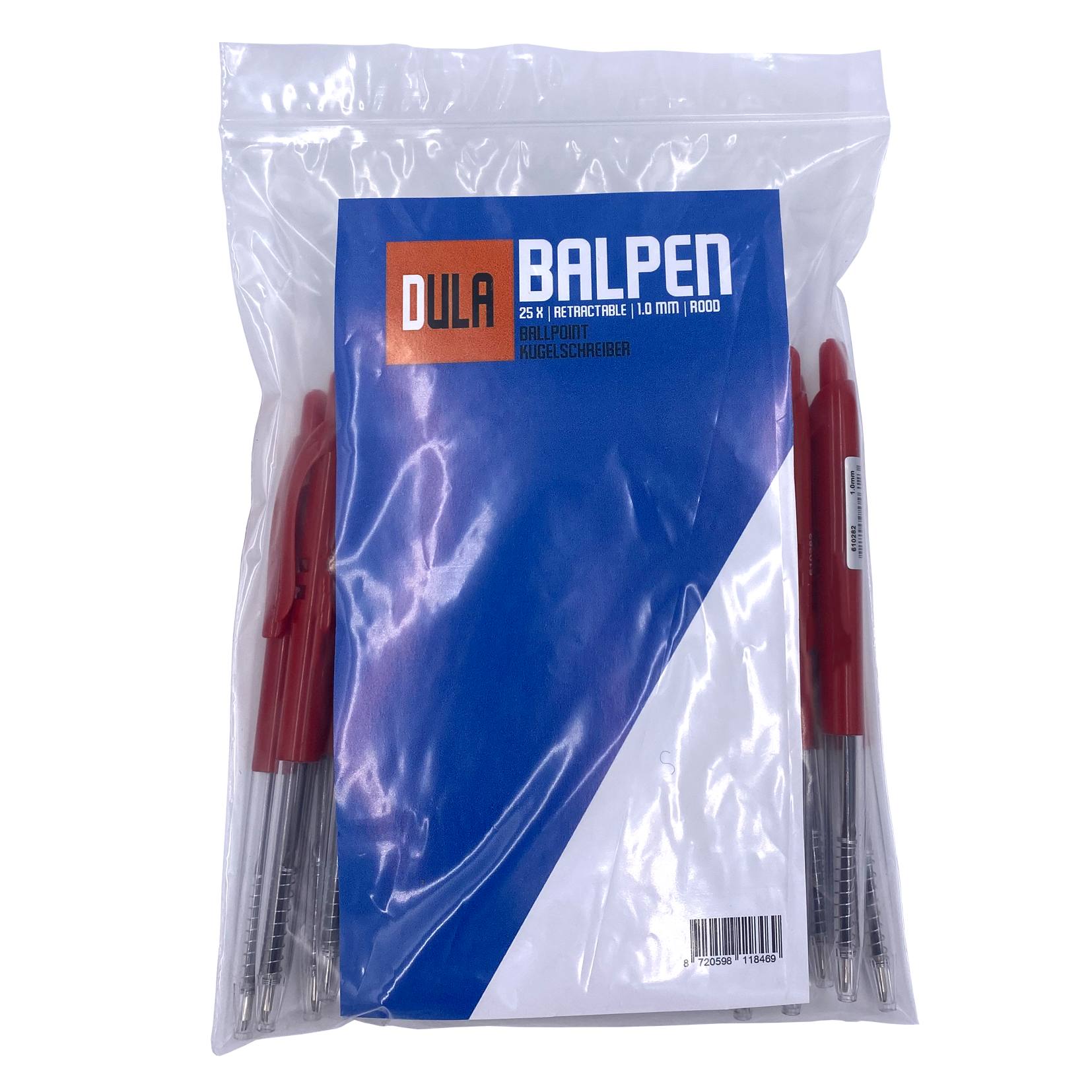 Een verpakking rode balpennen met het label 'BALPEN'. De verpakking is transparant, met de pennen zichtbaar.