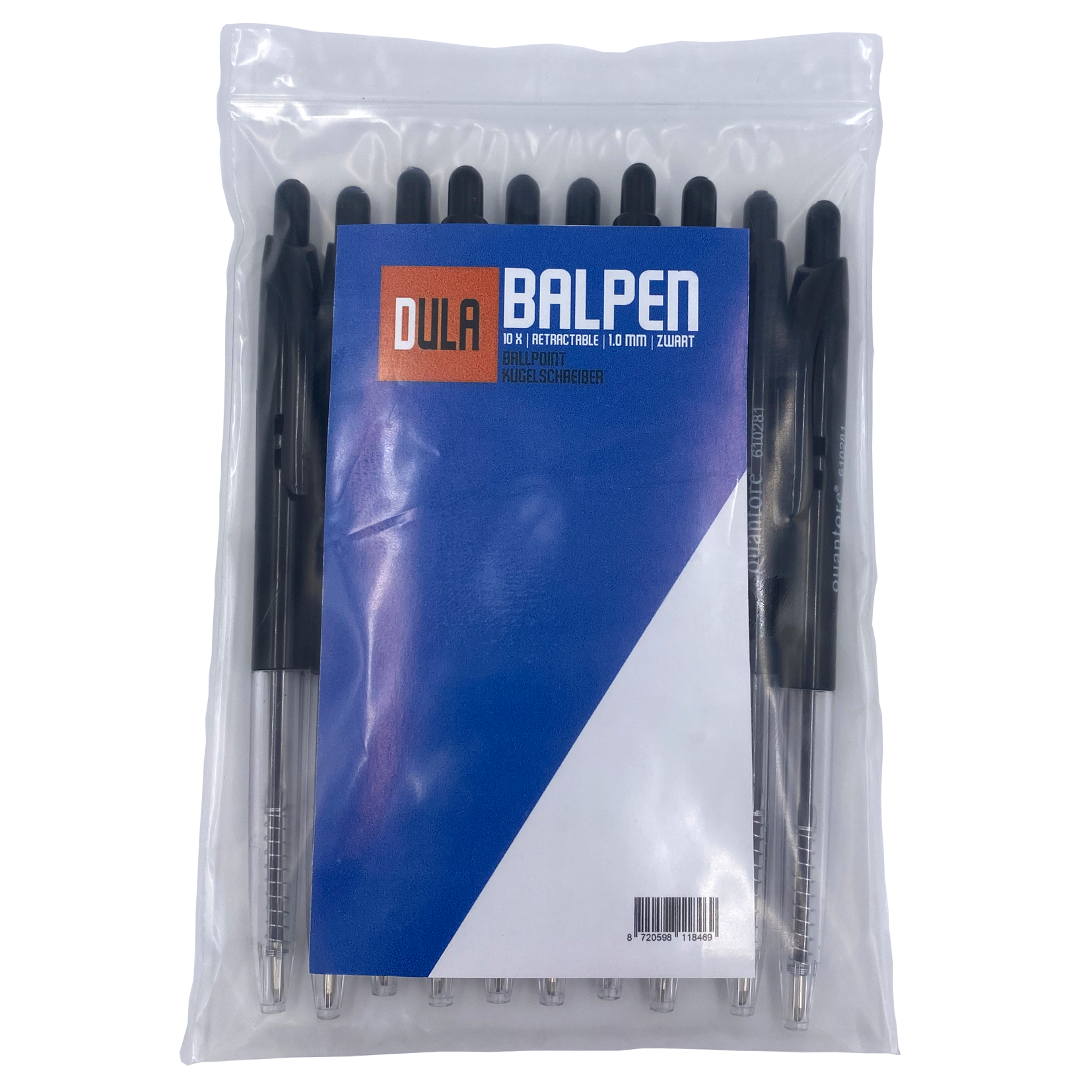 Een verpakking zwarte balpennen. De pennen zitten in een doorzichtige plastic zak met een blauw en wit label.