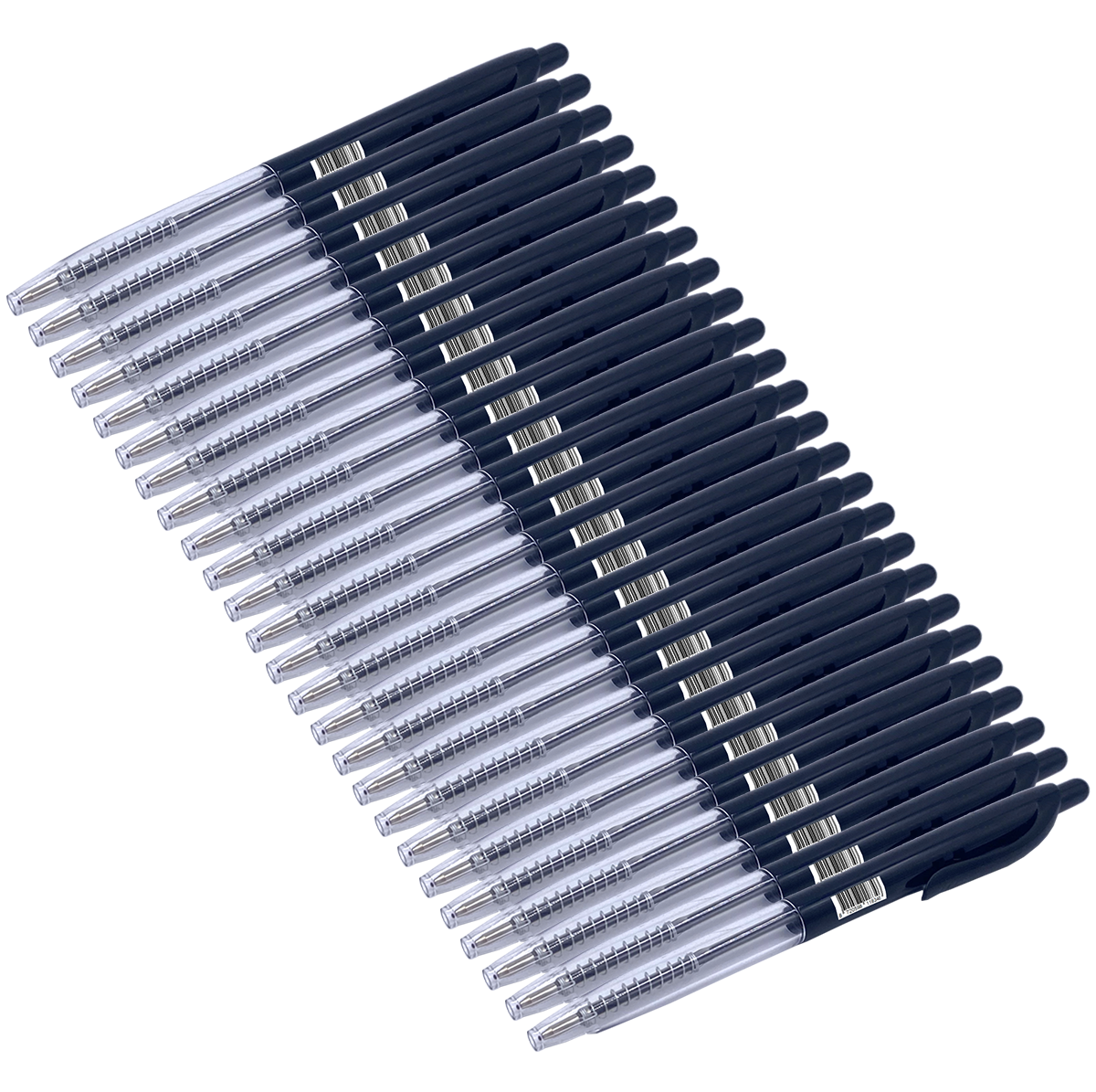 Close-up van vele zwarte pennen diagonaal gerangschikt. Doorzichtige plastic afdekkingen bedekken de punten. De achtergrond is wit.