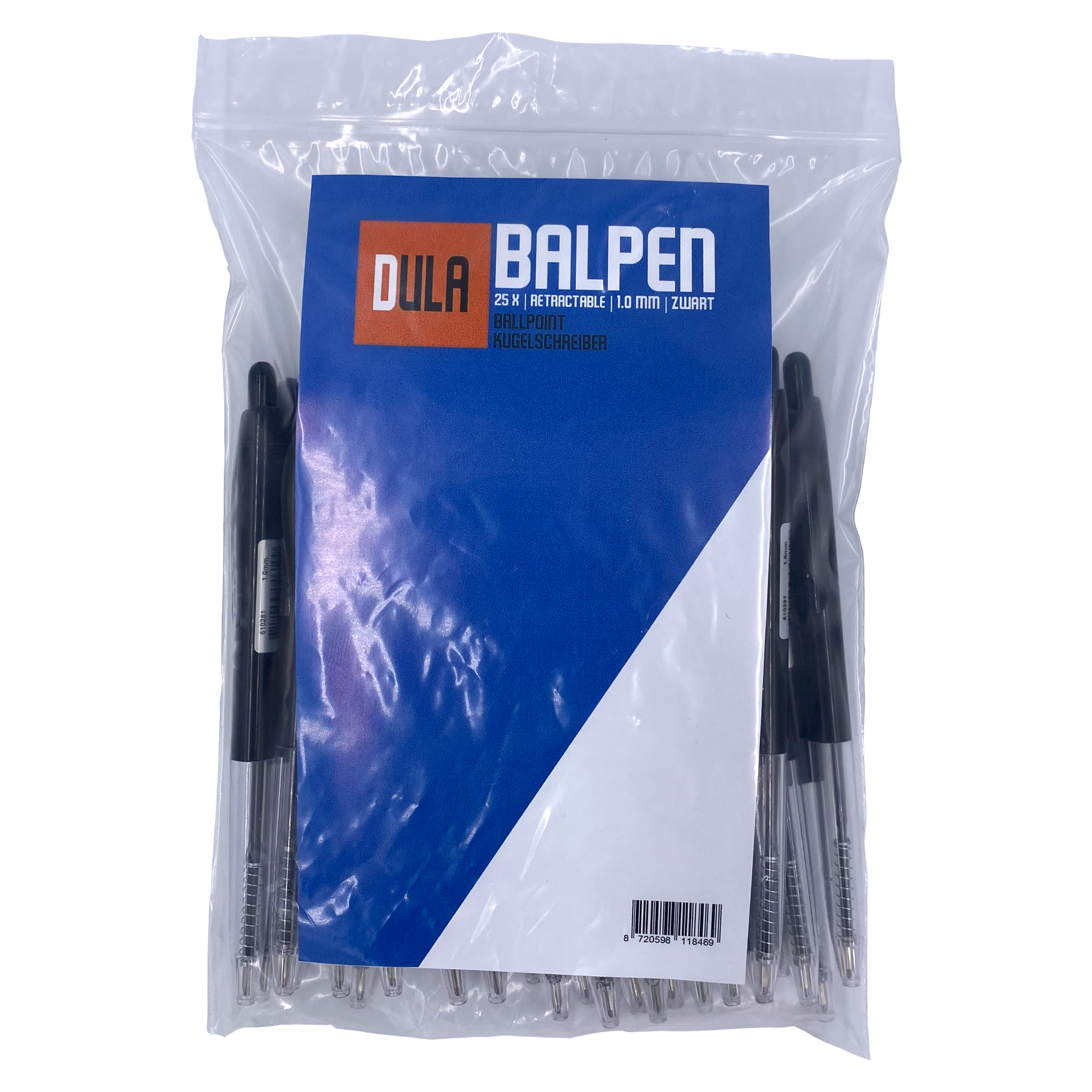 Een verpakking zwarte balpennen. De verpakking heeft een blauw-wit label met merknaam en pendetails.