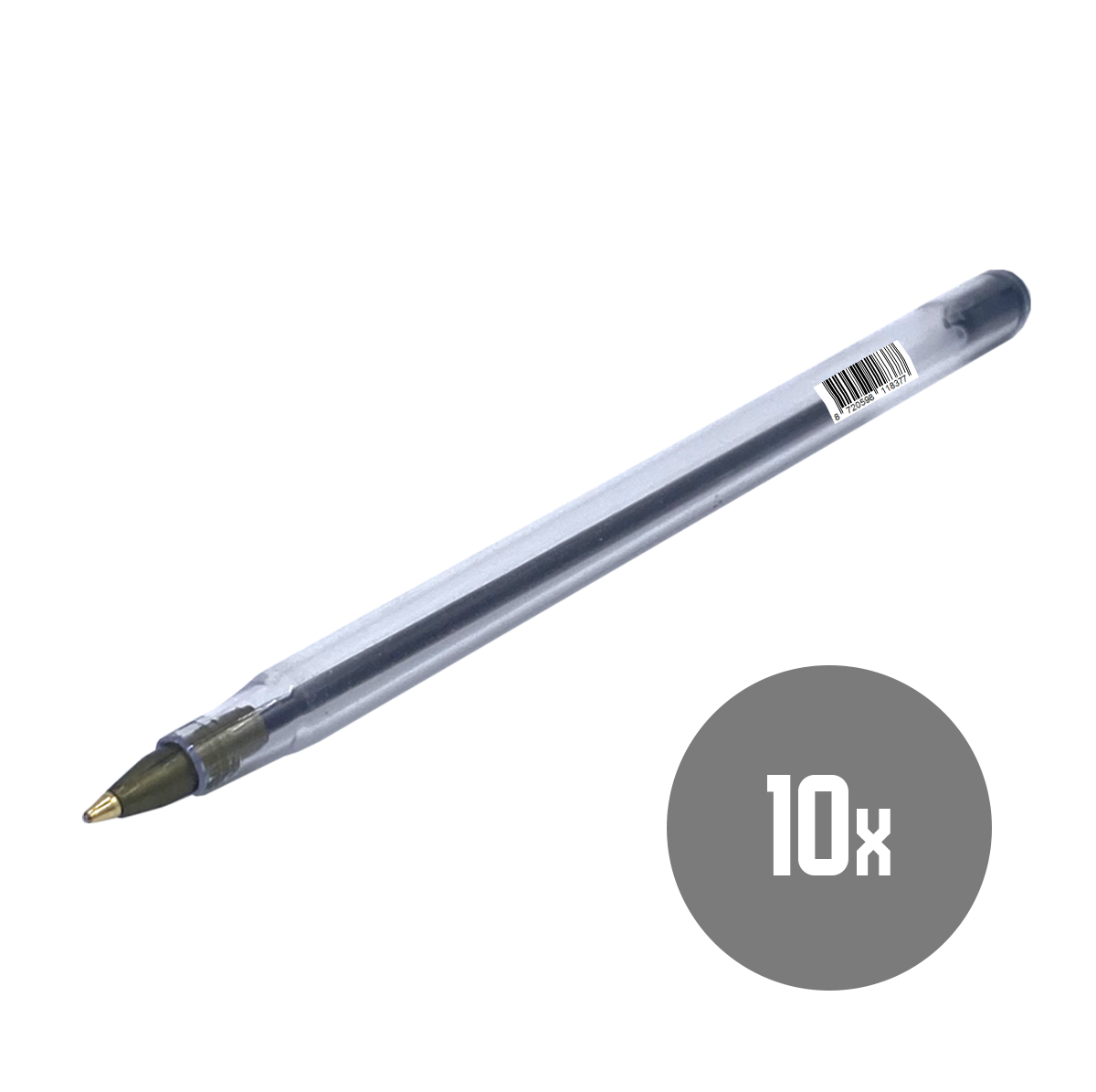 Een doorzichtige plastic pen met een zwarte inktbuis. Een grijze cirkel met "10x" staat rechtsonder. De achtergrond is wit.