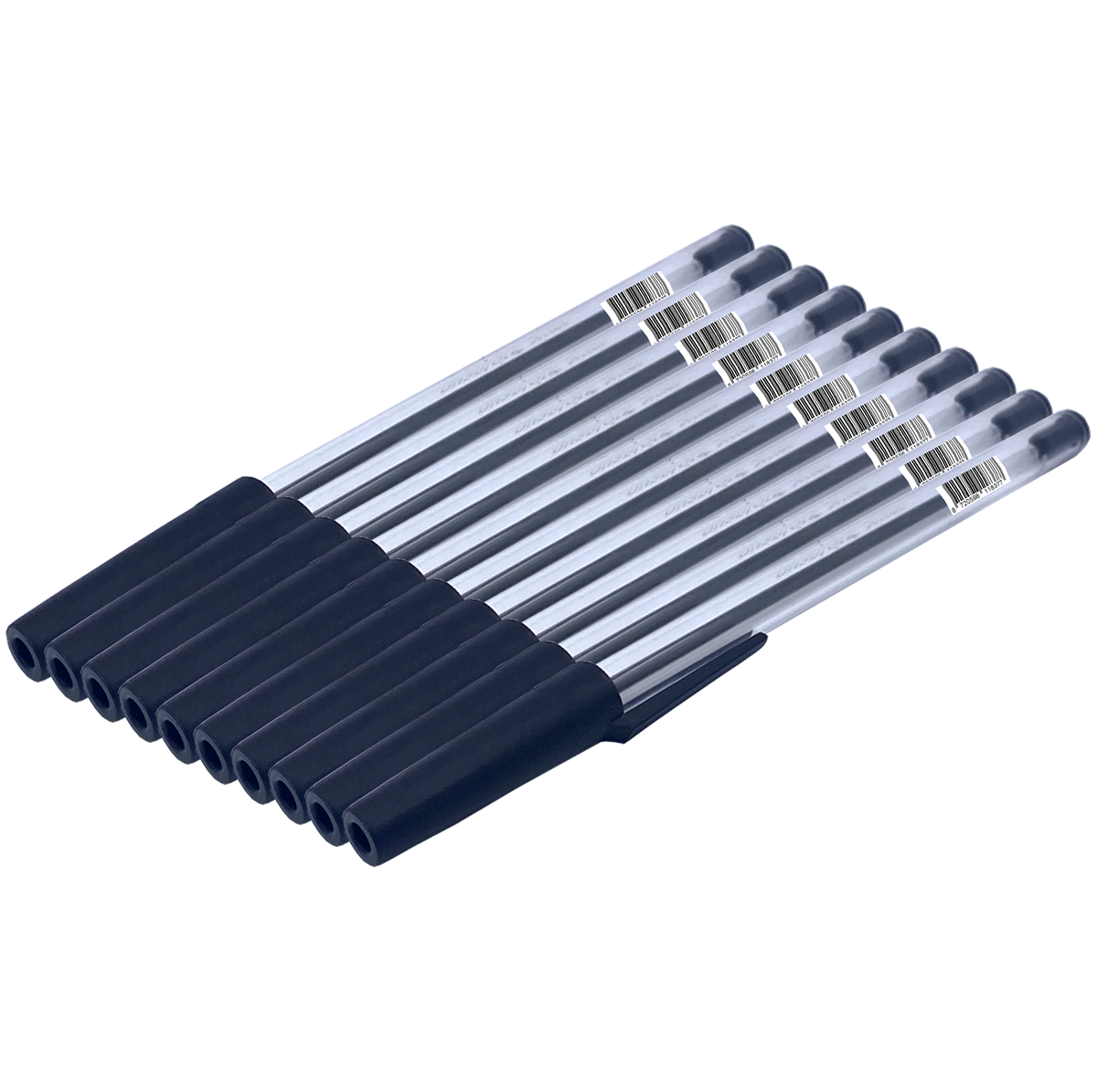 Negen zwarte pennen diagonaal op een witte achtergrond. Elke pen heeft een zwarte dop en een doorzichtige behuizing met barcode.
