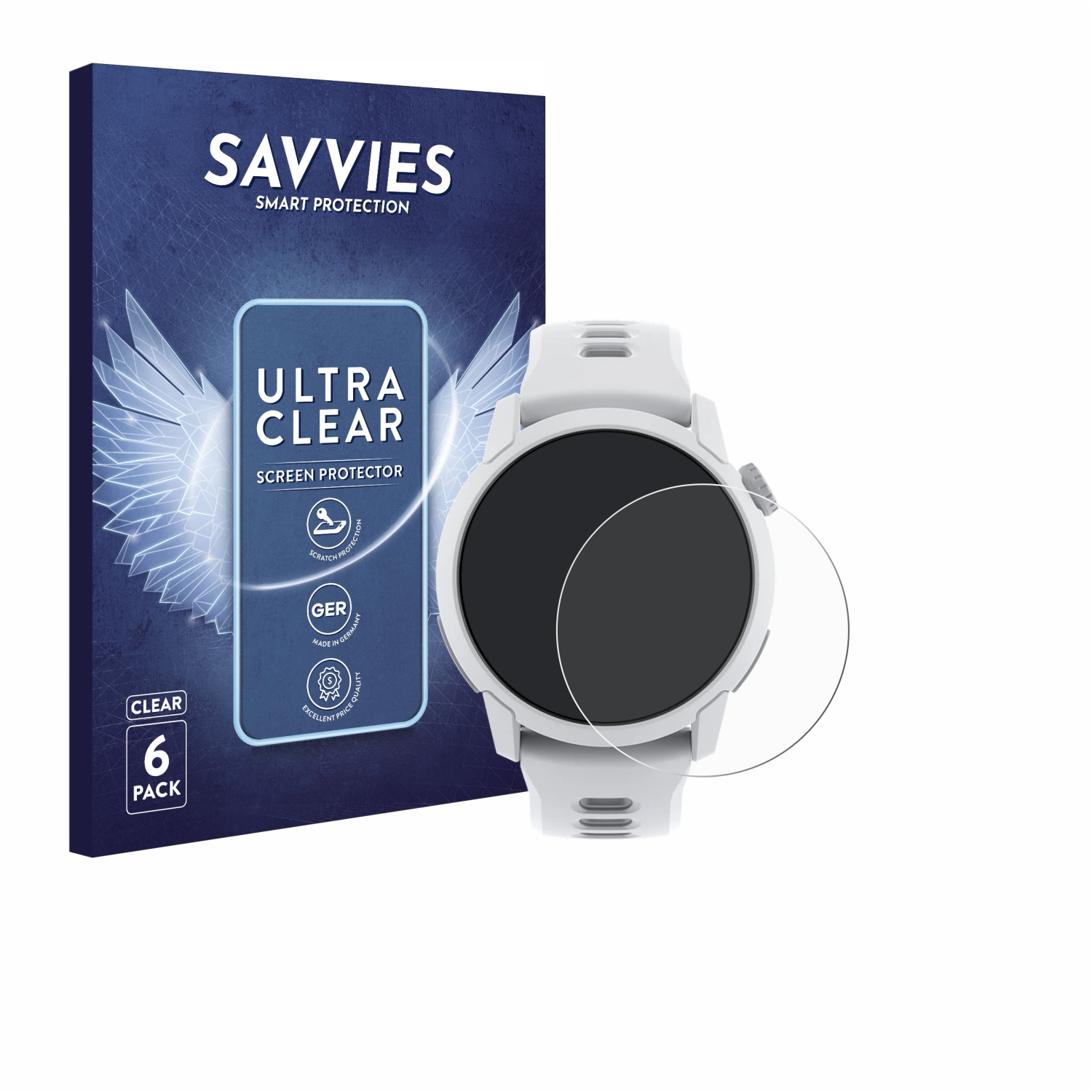 Eine weiße Smartwatch mit Displayschutzfolie neben einer Displayschutzfolienbox. Auf der Box steht 'SAVVIES' und 'ULTRA CLEAR'.