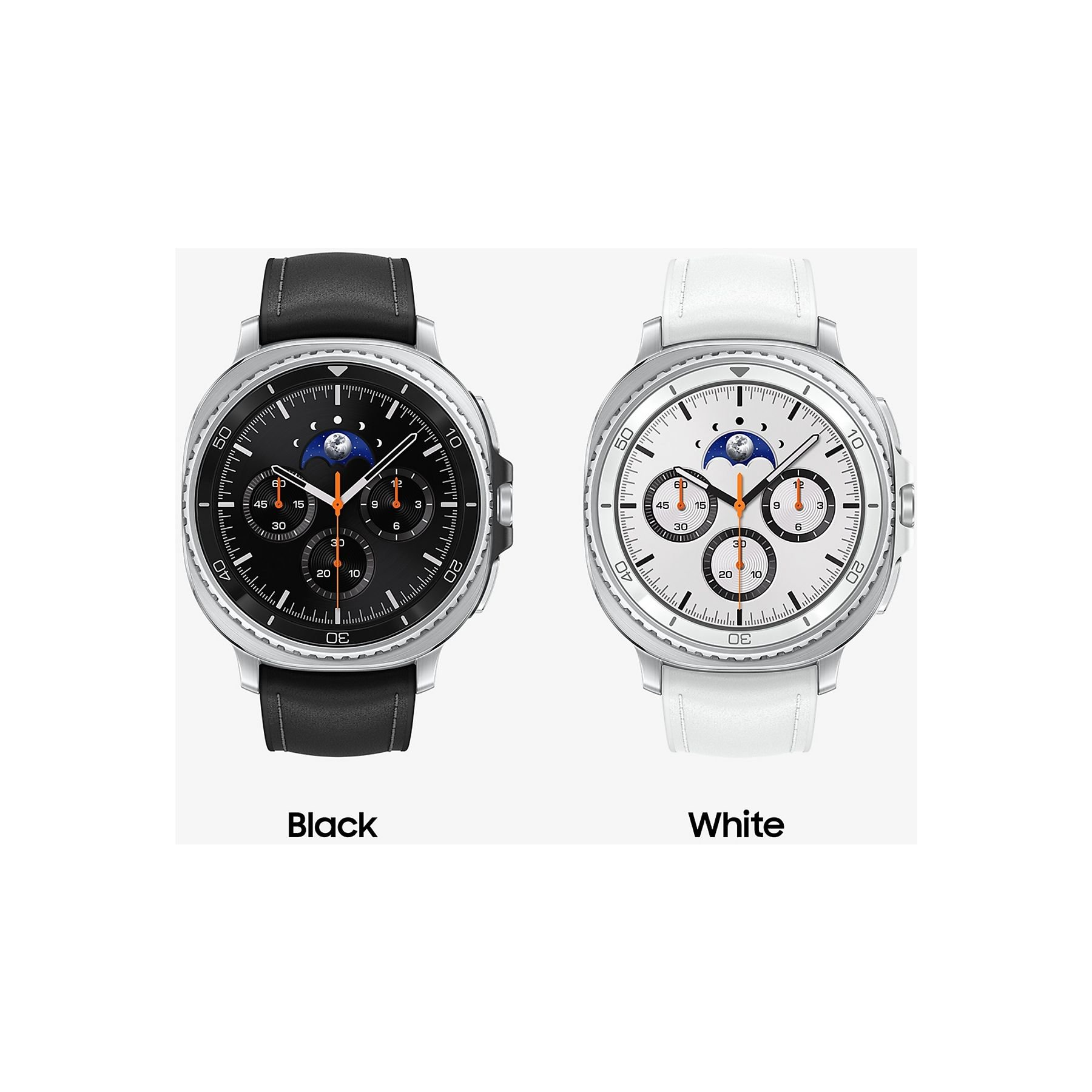 Due smartwatch uno accanto all'altro. Uno nero con cinturino nero, l'altro bianco con cinturino bianco. Entrambi hanno quadranti.