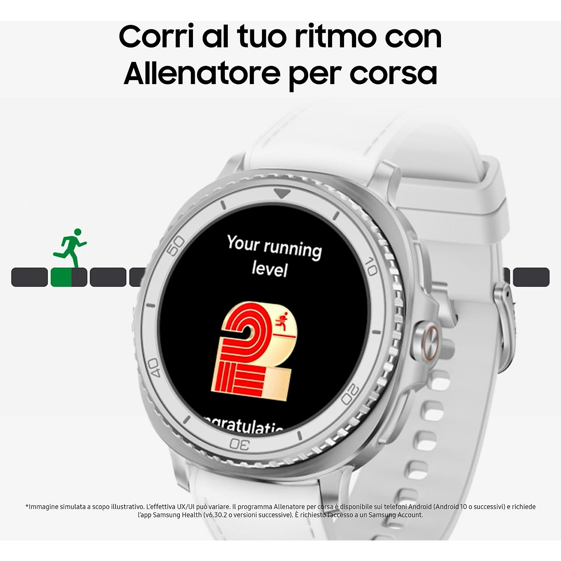 Uno smartwatch bianco mostra il livello di corsa. Un'icona verde del corridore è sopra una barra di progresso.