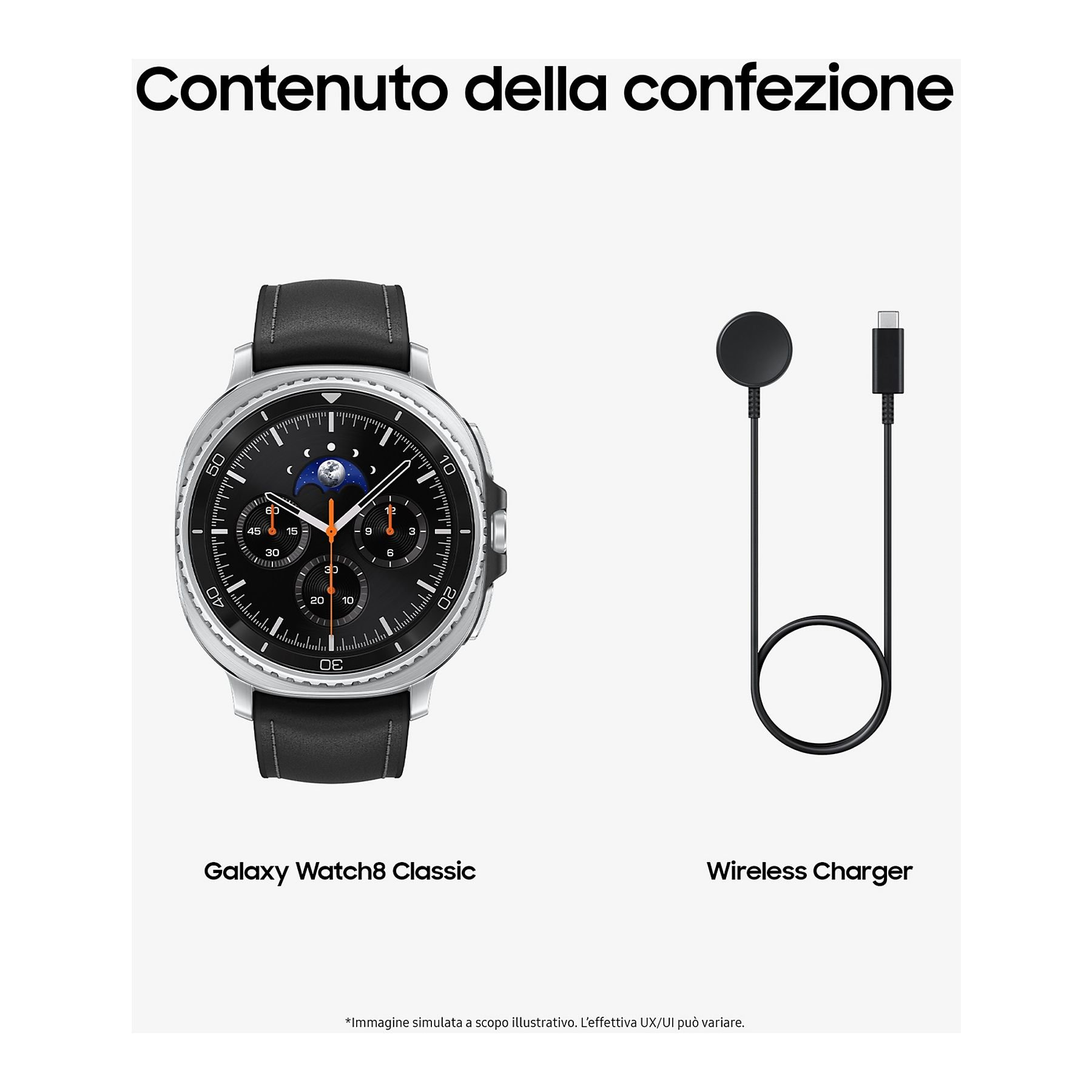 L'immagine mostra un Galaxy Watch8 Classic e un caricatore wireless. Entrambi sono neri. L'orologio ha un cinturino in pelle nero.