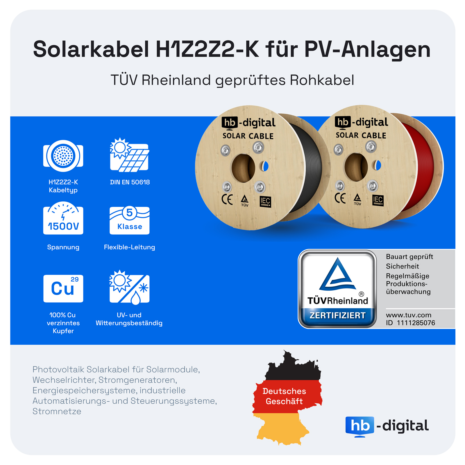 Das Bild zeigt Solarkabel, Produktdetails und Zertifizierungen. Kabel befinden sich auf Holzspulen mit Produktinformationen.