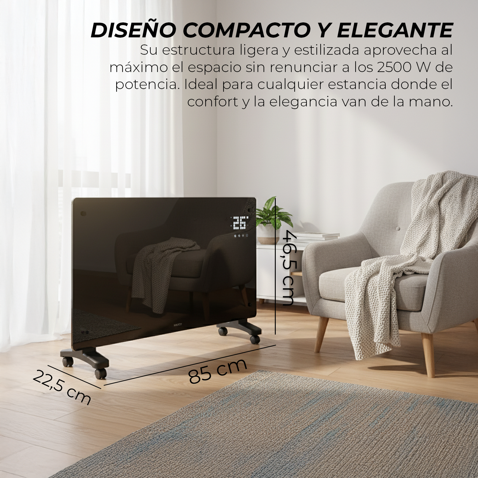 Un calentador negro con ruedas en una sala de estar. Un sillón con una manta está a la derecha.