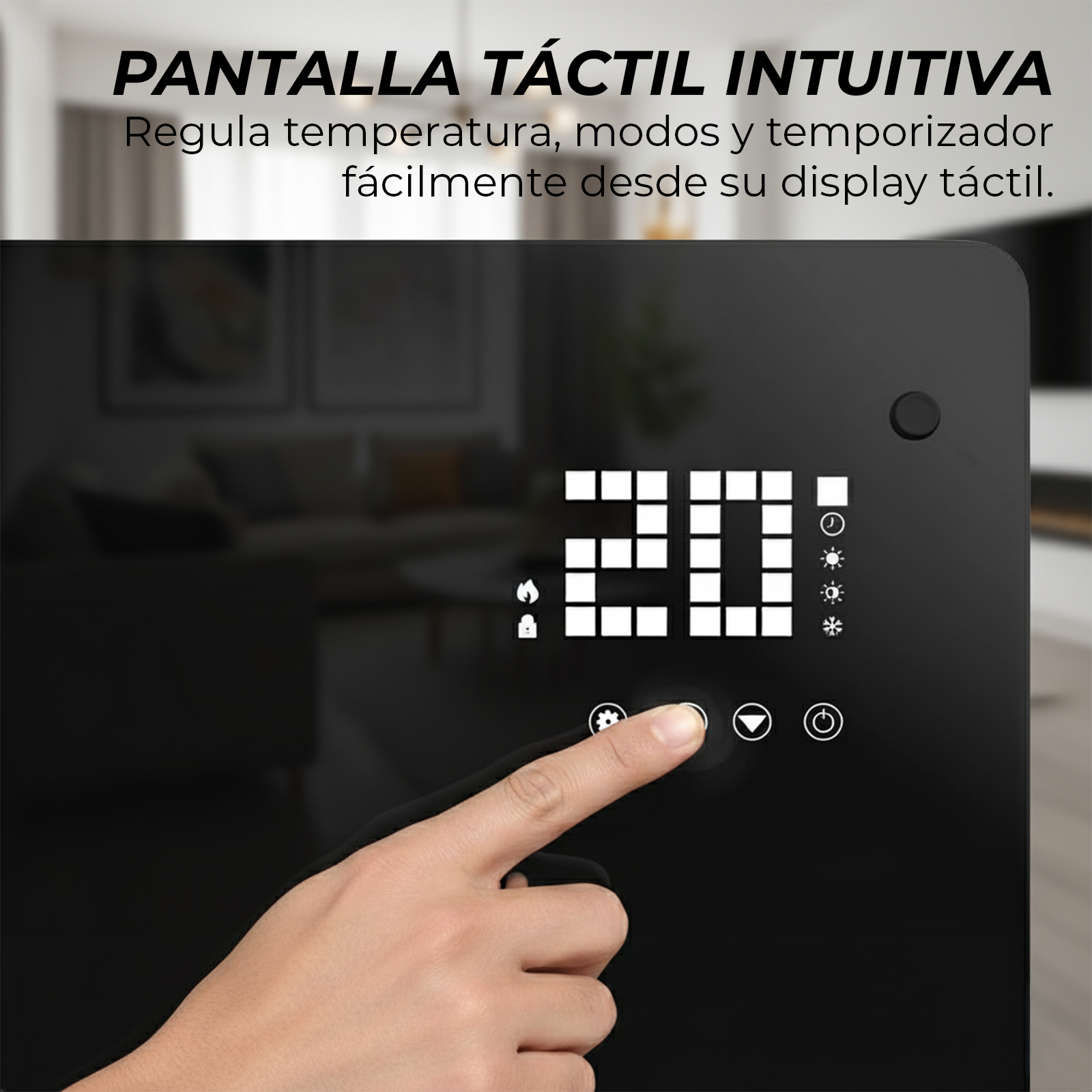 Una mano toca una pantalla táctil negra que muestra '20'. La pantalla tiene iconos y texto. El fondo está borroso.