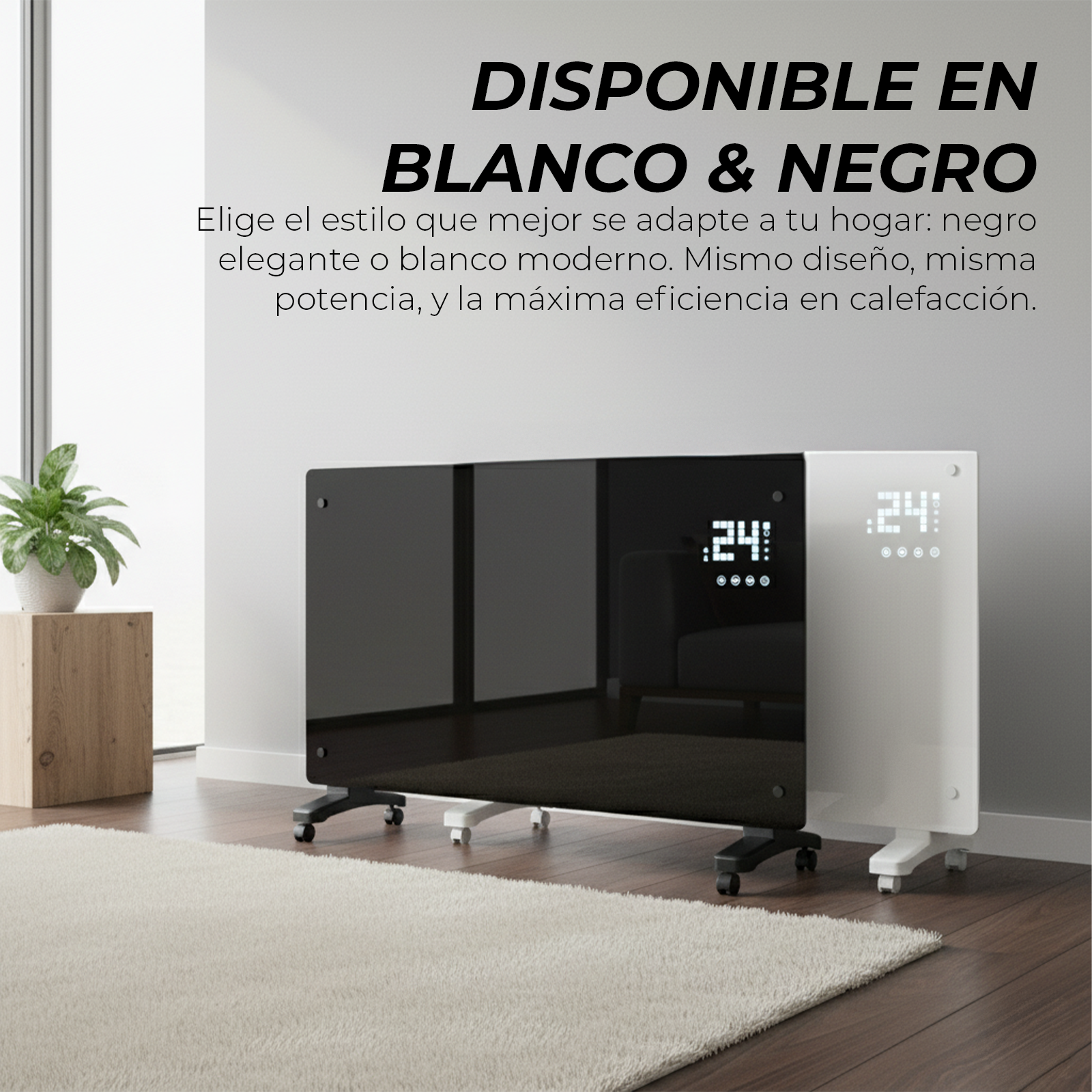 Calentador moderno, negro y blanco, en una habitación. Tiene una pantalla digital y ruedas. Planta y alfombra son visibles.