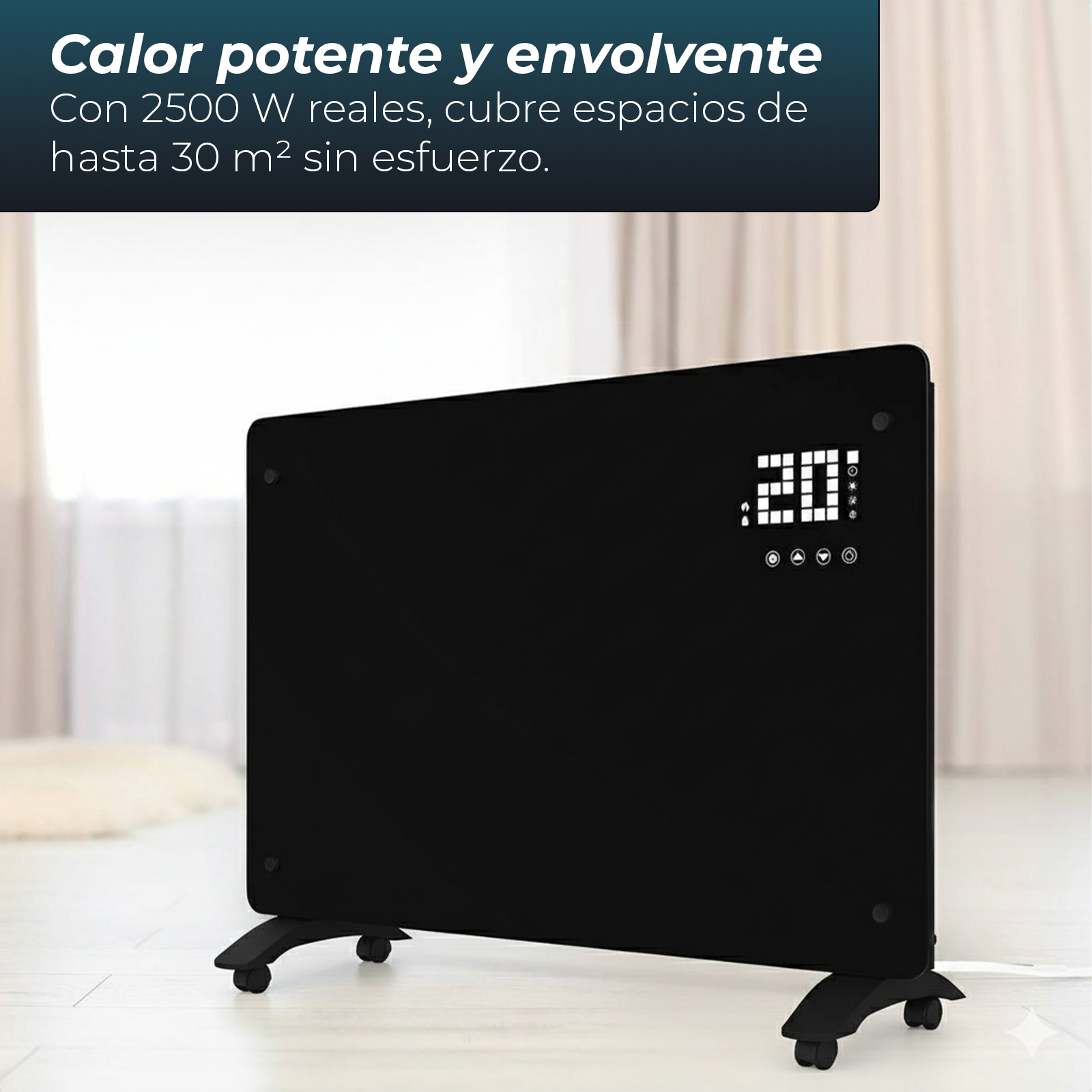 Un calefactor negro con pantalla digital que muestra 20 está sobre ruedas. El texto superior dice calor potente y envolvente.