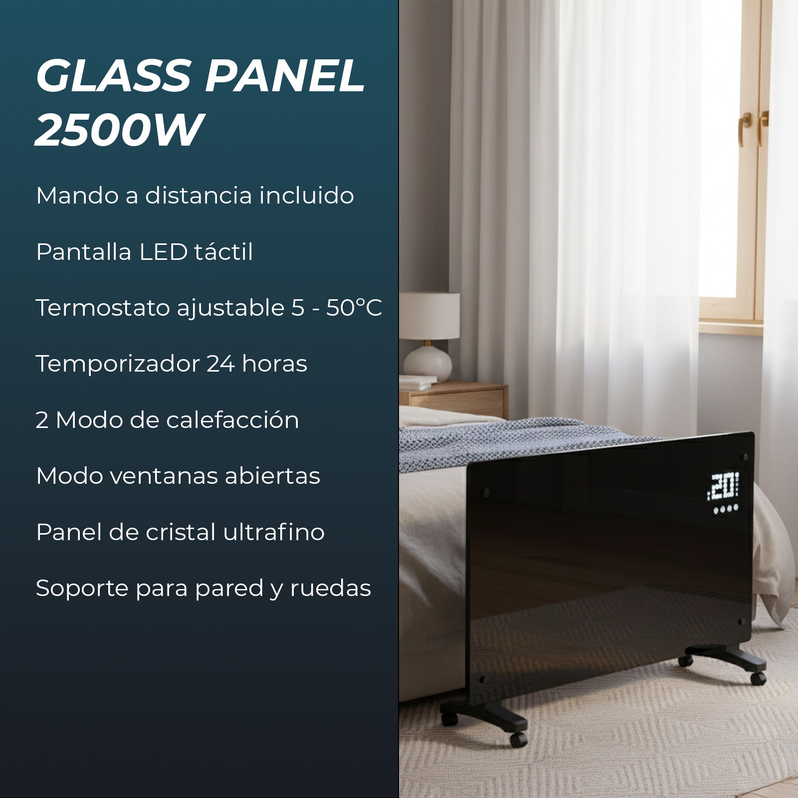 Un calefactor de panel de vidrio negro con pantalla digital, colocado cerca de una cama, una ventana y una lámpara.