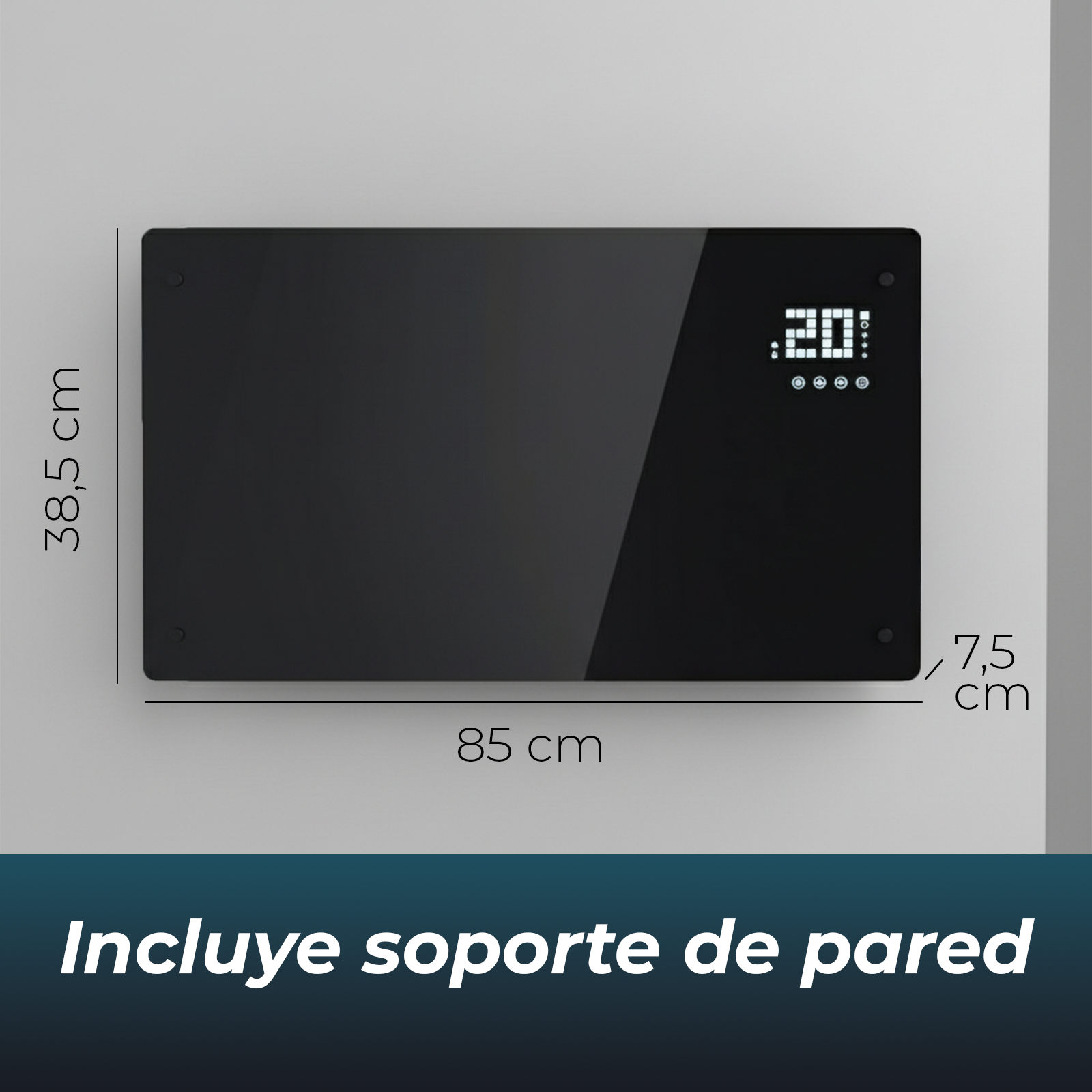 Panel negro rectangular con pantalla digital que muestra 20 grados. Dimensiones indicadas en la imagen.
