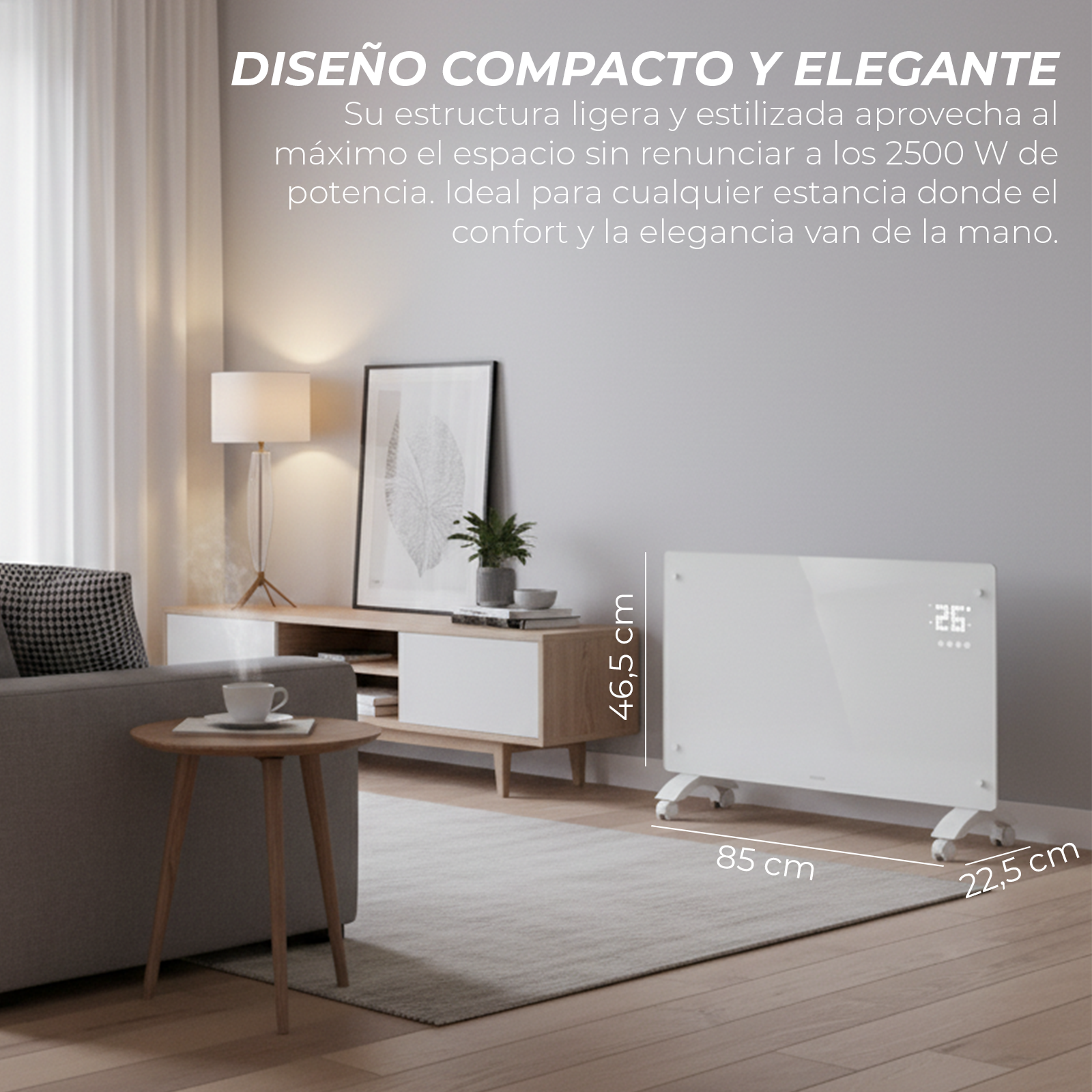 Un calentador blanco con pantalla digital, en una sala de estar con sofá, mesa y alfombra.