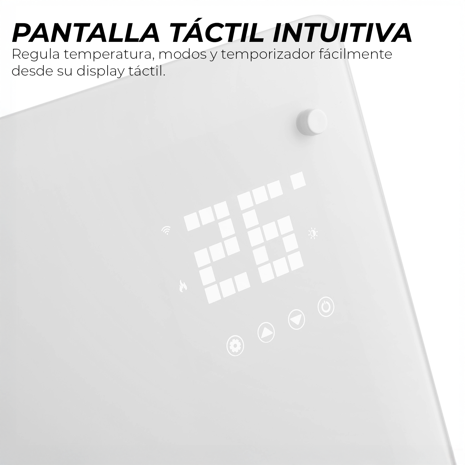 Una pantalla táctil blanca muestra el número 26, con iconos de control debajo. El texto superior dice 'Pantalla Táctil Intuitiva'.