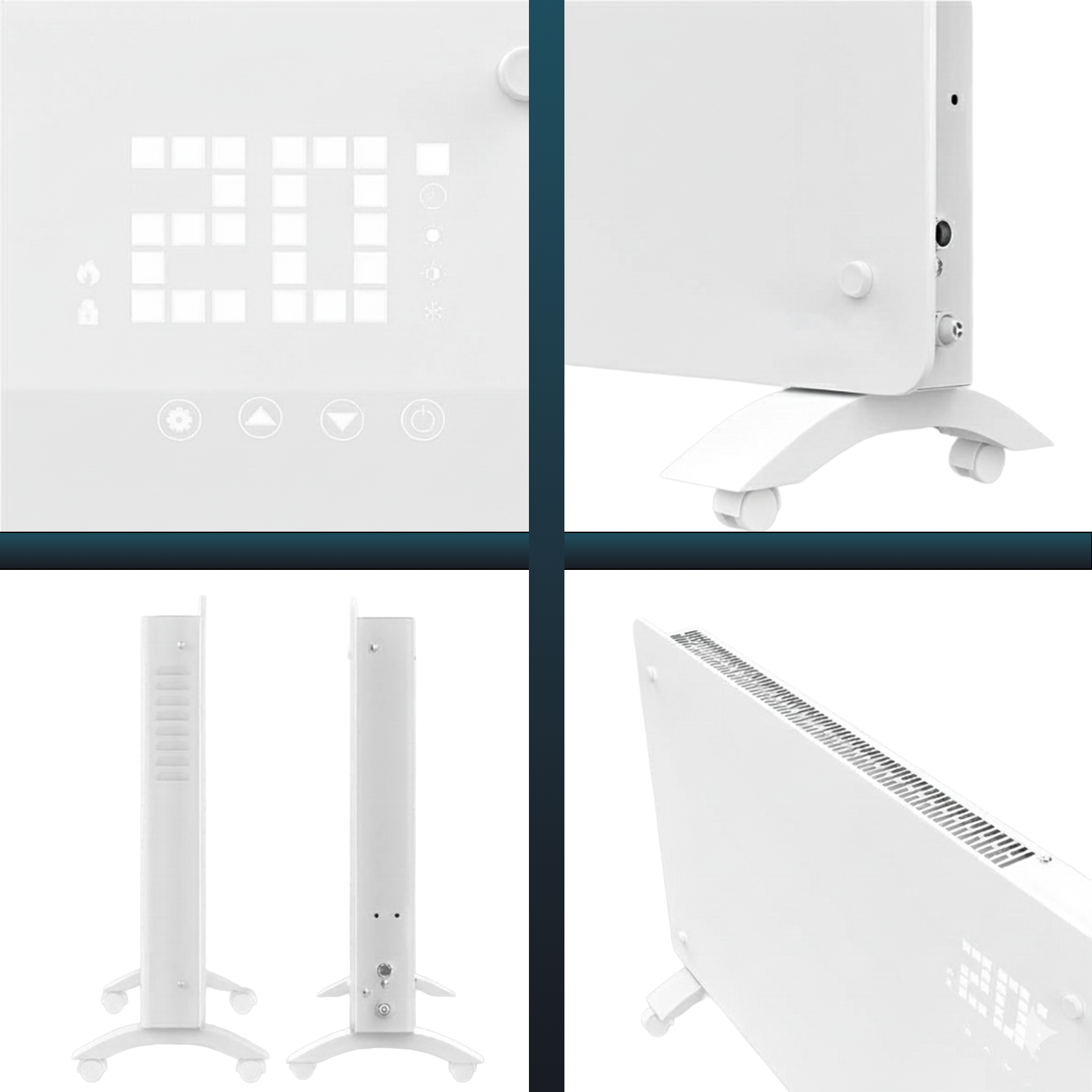 Un calefactor eléctrico blanco muestra '20'. Tiene una pantalla digital y está sobre ruedas. Se muestran varias vistas.