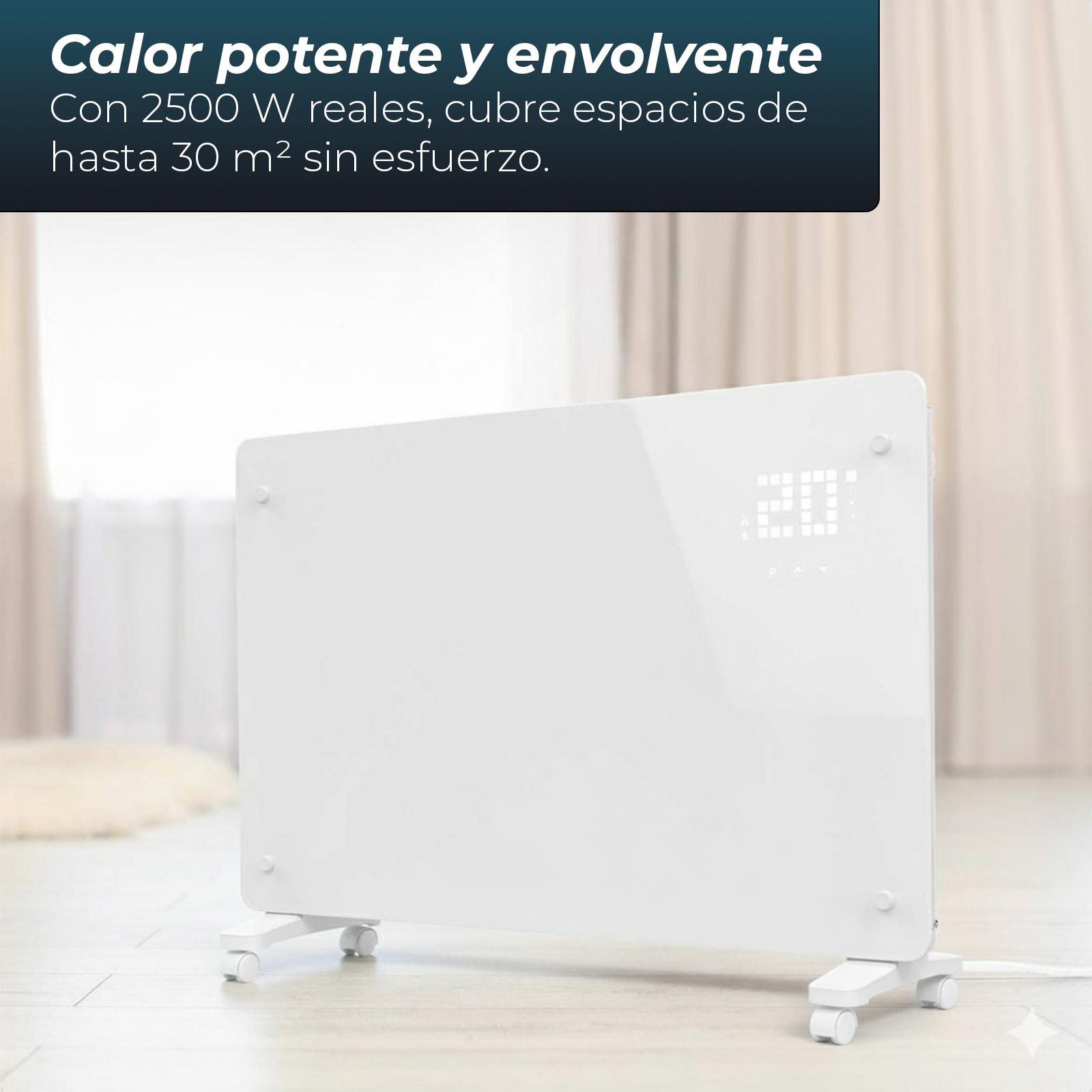 Un calentador eléctrico blanco sobre ruedas, mostrando '20'. El texto superior dice: 'Calor potente y envolvente'.