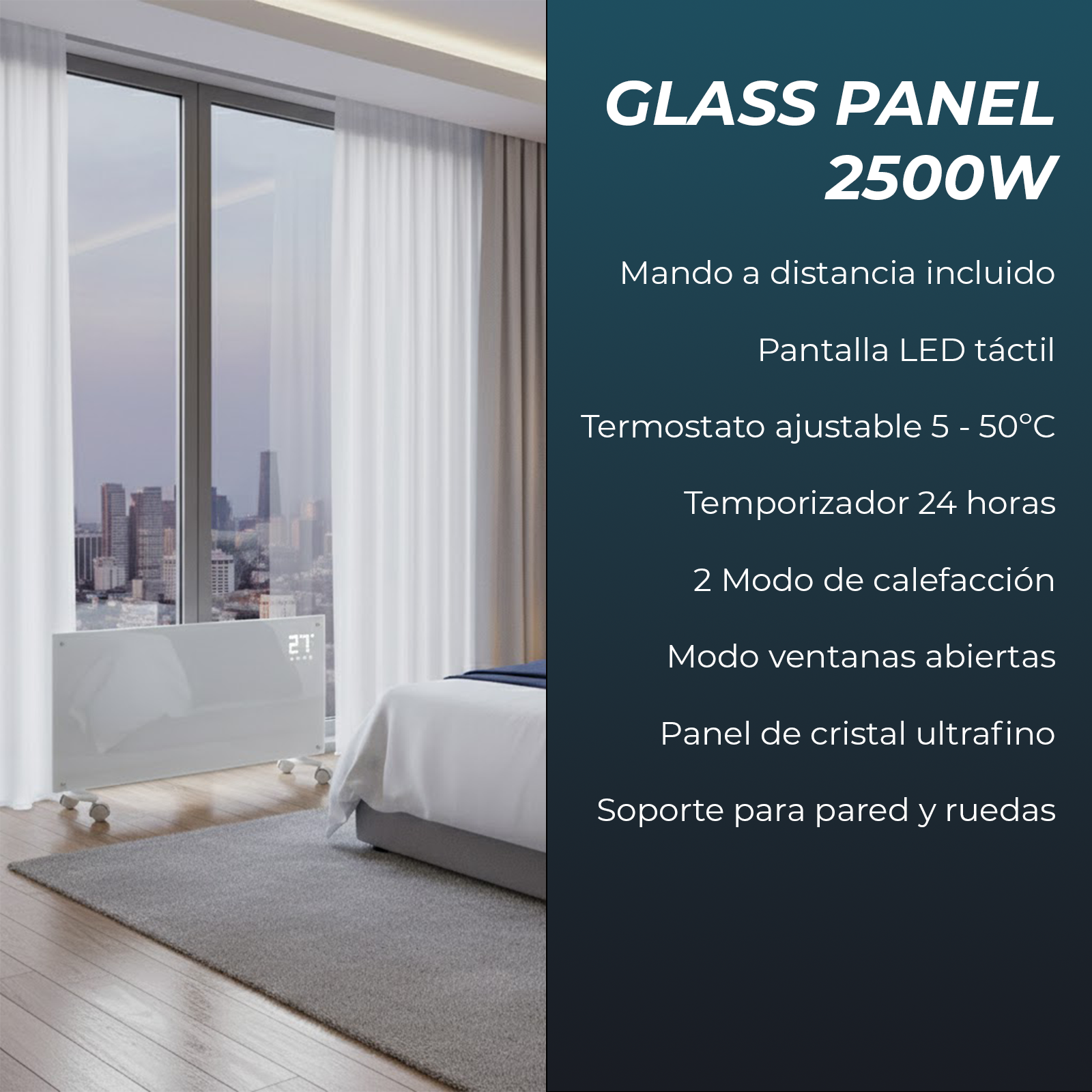 Calentador de panel de vidrio blanco junto a una ventana. El texto en español describe características.