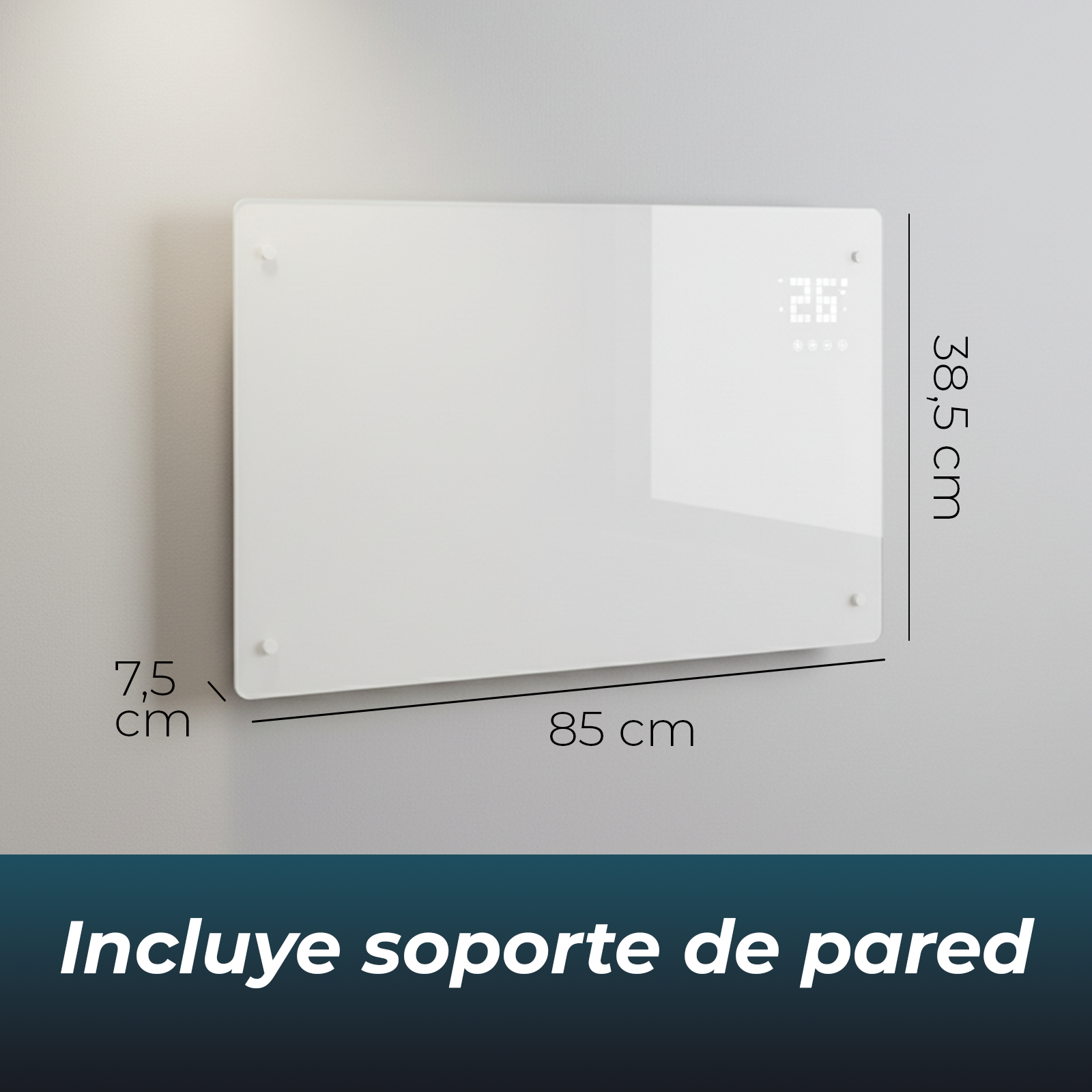 Panel de vidrio rectangular blanco con pantalla digital. Dimensiones: 85x38,5x7,5 cm. Montado en pared gris. Texto: Incluye soporte de pared.