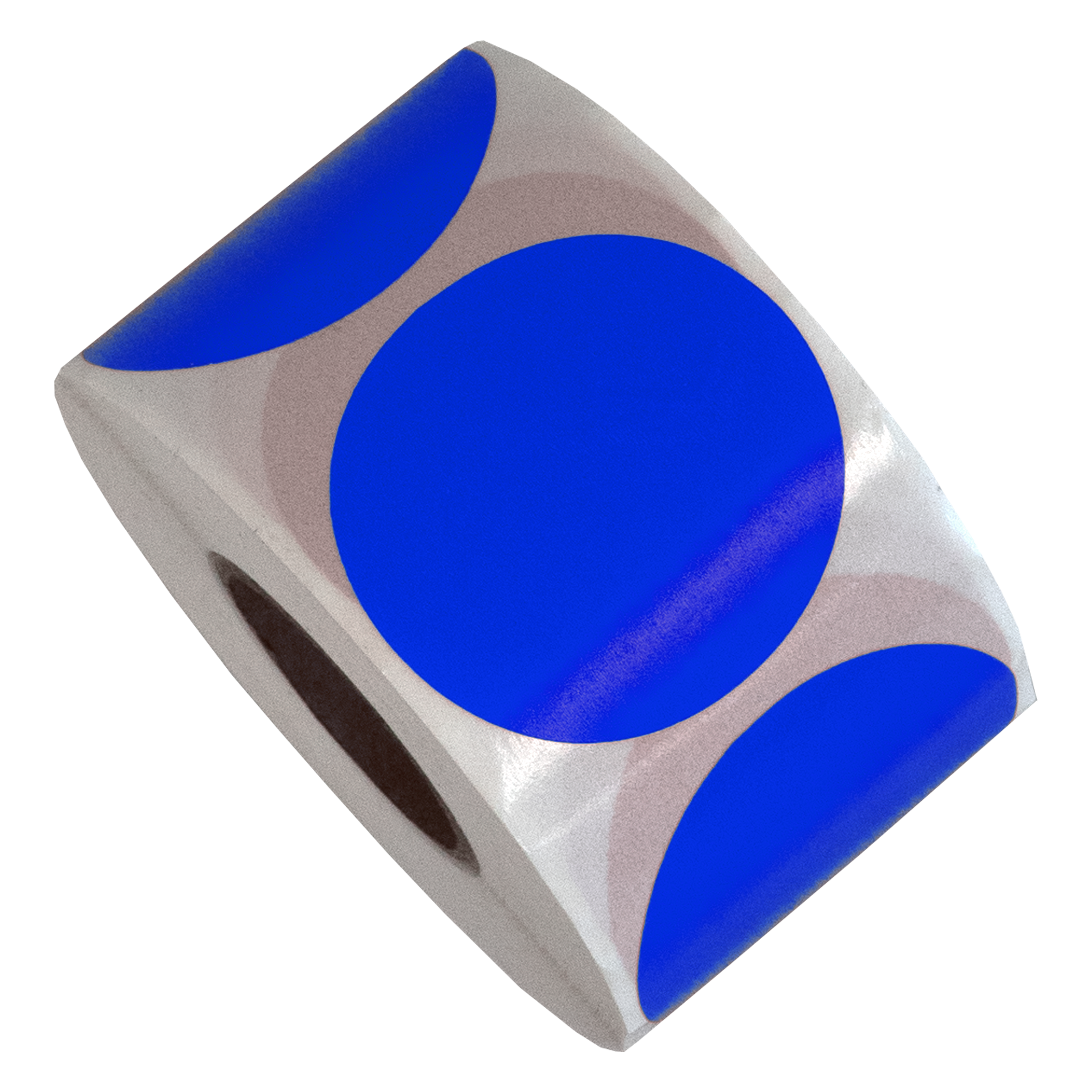Een rol stickers met blauwe cirkels op een witte en grijze achtergrond, geïsoleerd op een witte achtergrond.