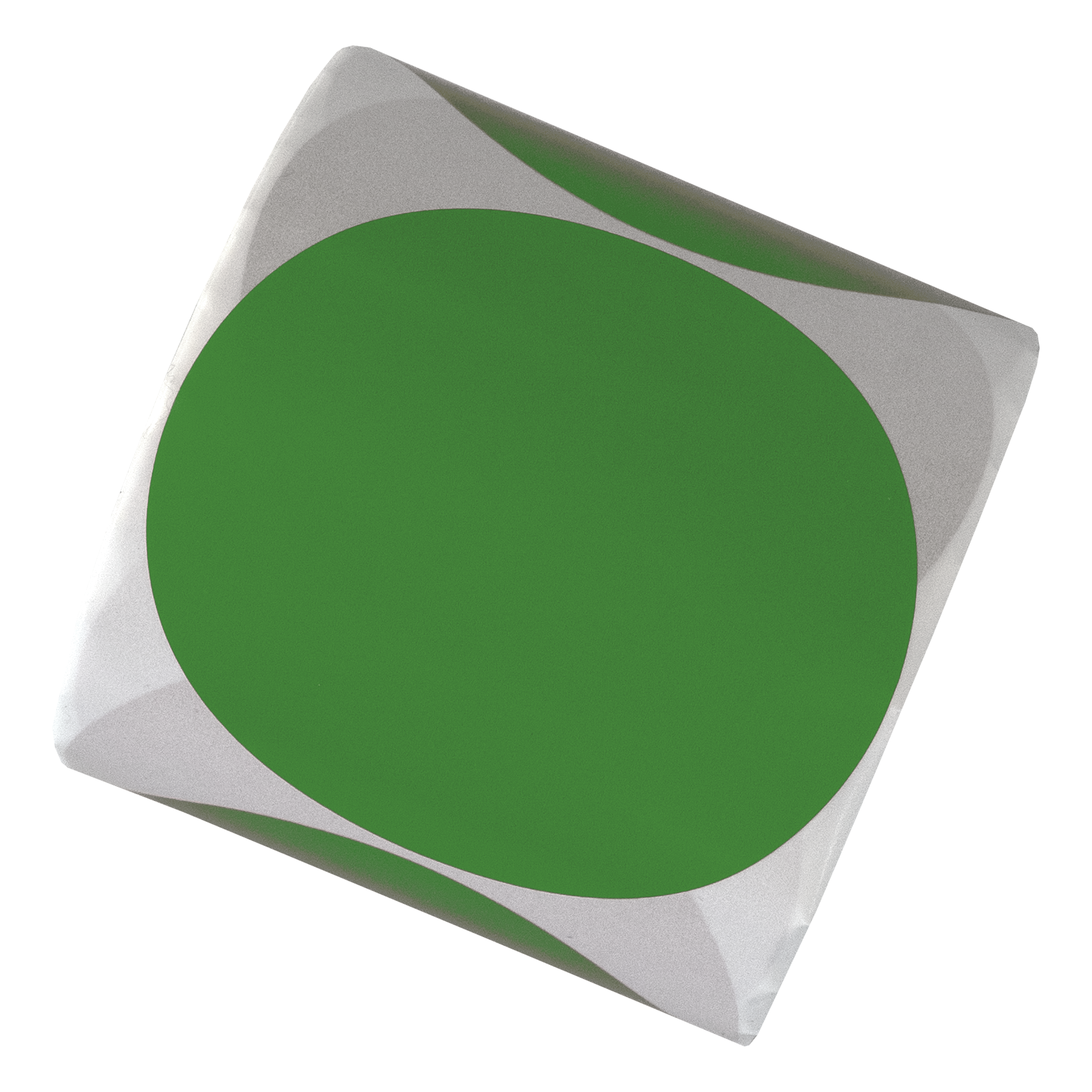 Een vierkant object met een grote groene cirkel erop. De achtergrond van het vierkant is wit en grijs.