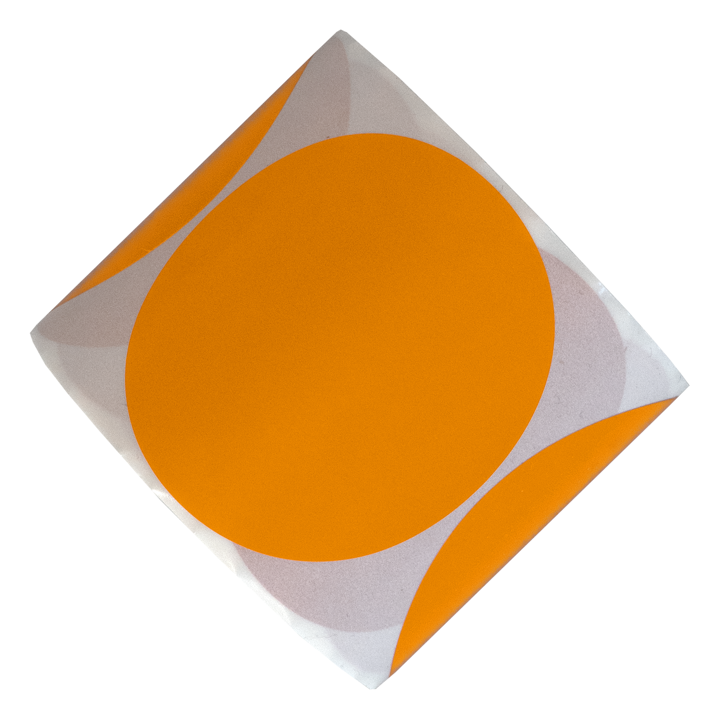 Een oranje cirkel op een gekantelde witte en grijze vierkant. De randen buigen naar buiten.