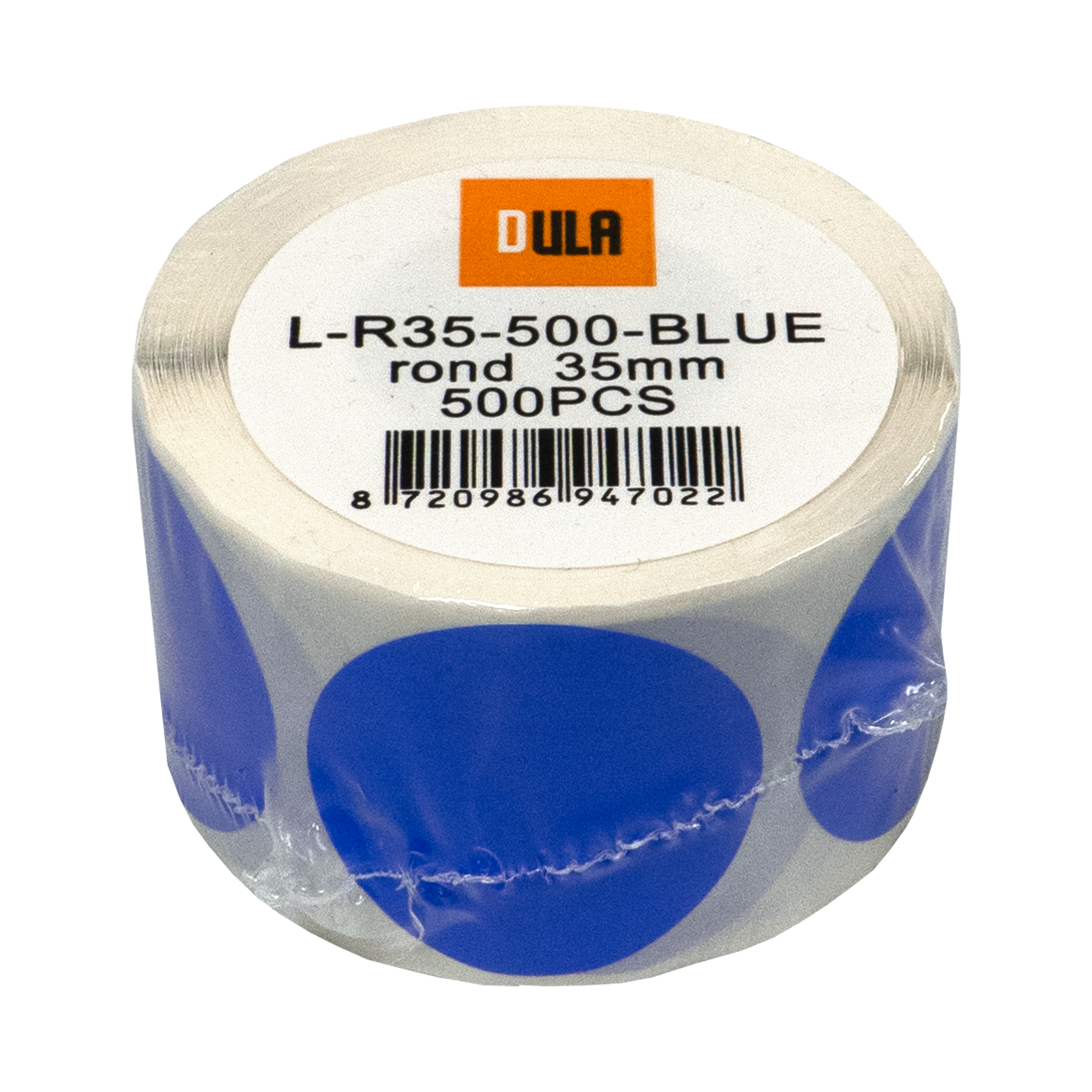 Rol blauwe ronde stickers met witte achterkant. Label toont productdetails en barcode.