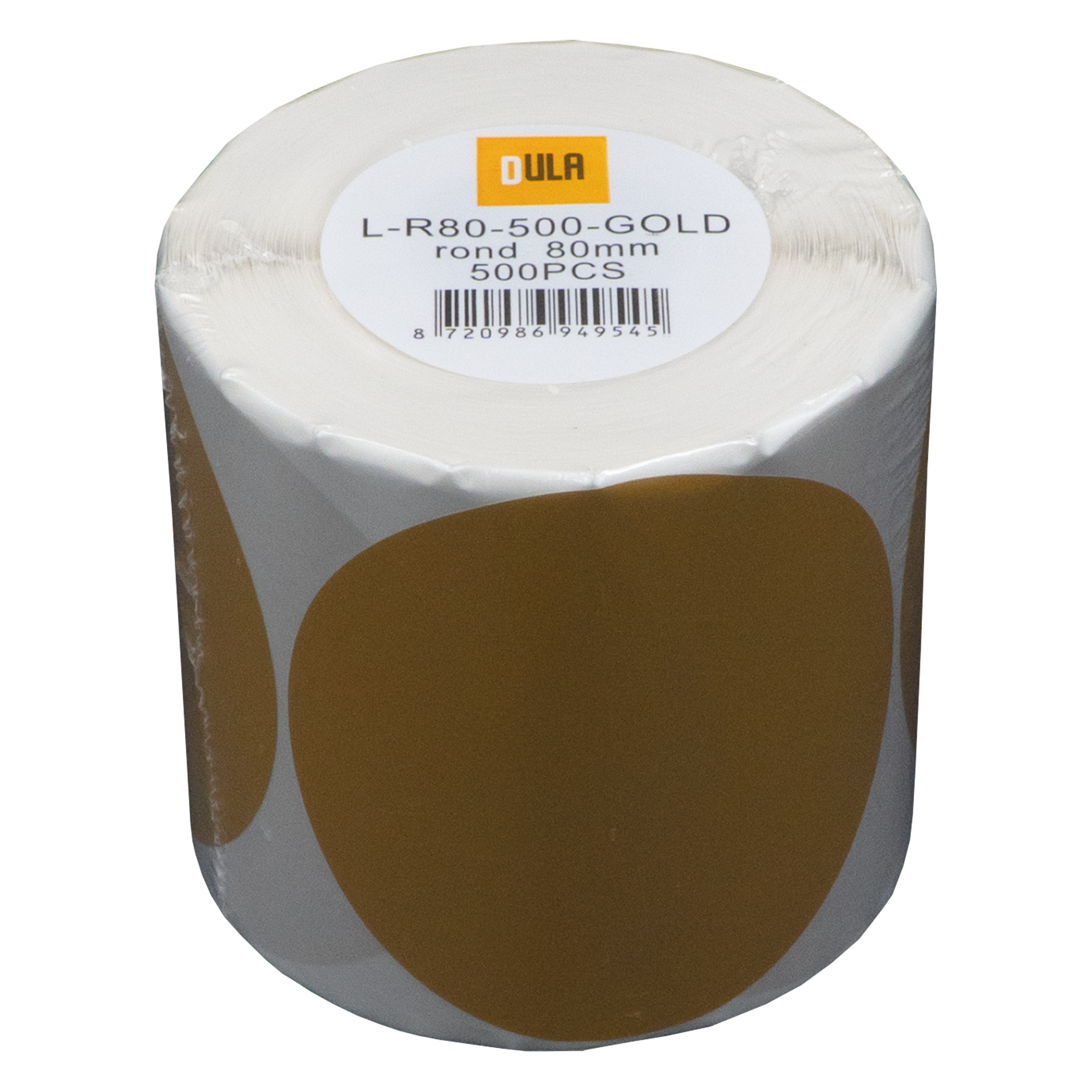 Een rol gouden etiketten met een witte achtergrond en een etiket met 'DULA' en productinformatie.