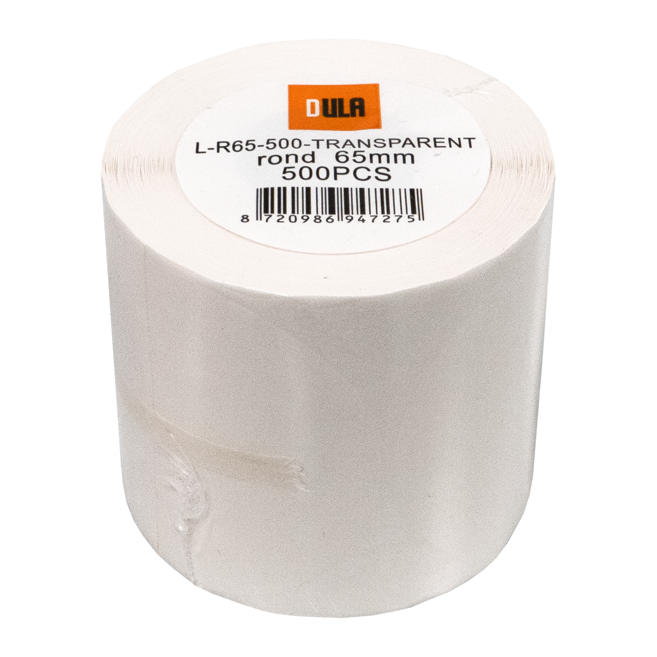 Een rol witte etiketten met tekst en een oranje Dula-logo. De tekst zegt L-R65-500-TRANSPARENT rond 65mm 500PCS.