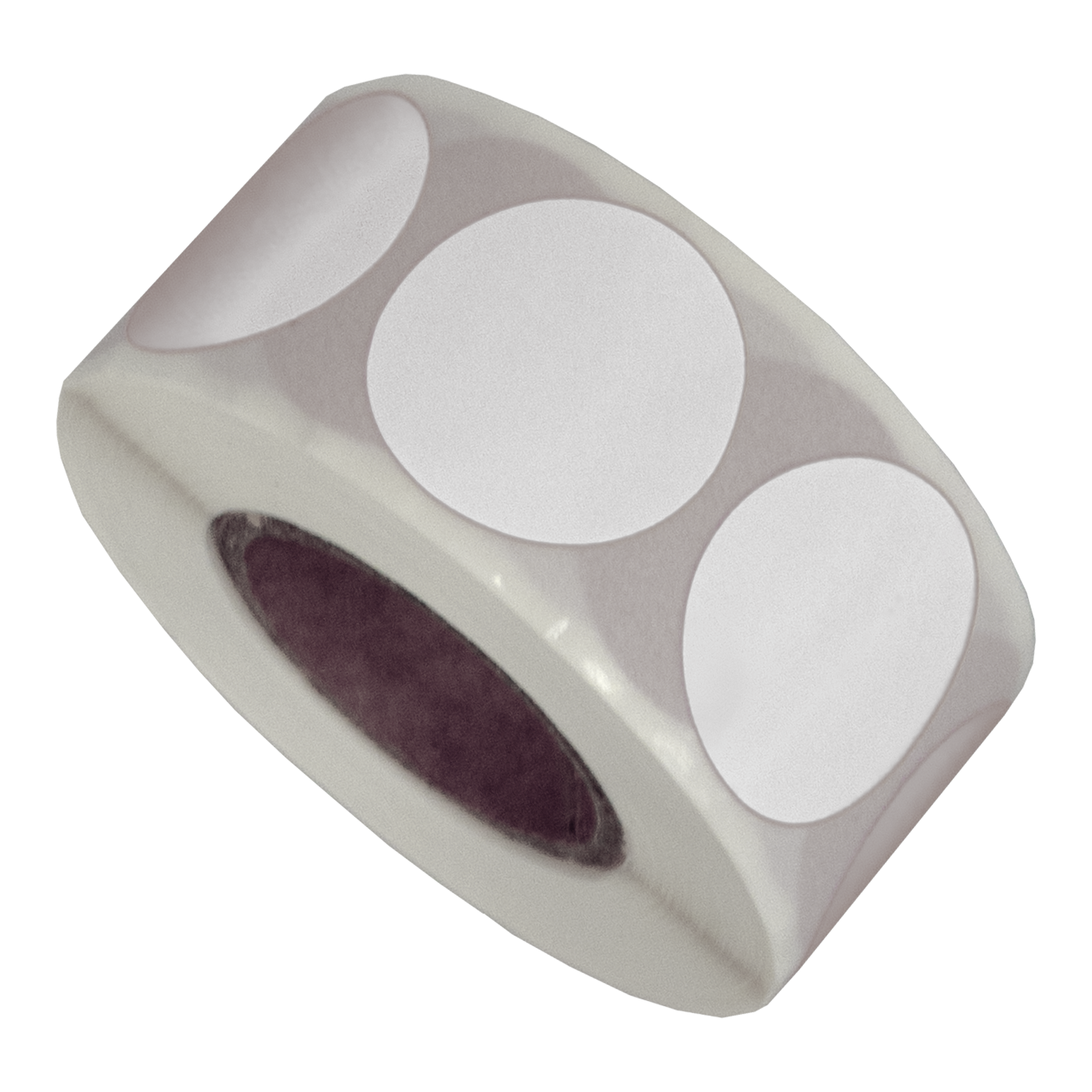 Een rol witte stickers met drie zichtbare ronde stickers. De rol heeft een donkerpaarse opening.