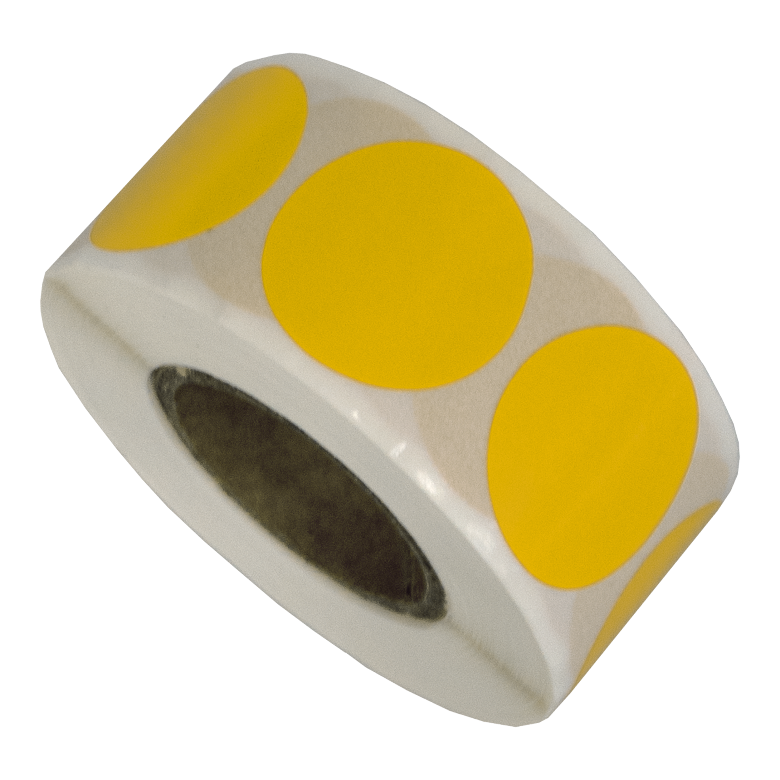 Een rol gele ronde stickers op een witte achtergrond. De kern is donker. Geïsoleerd op wit.