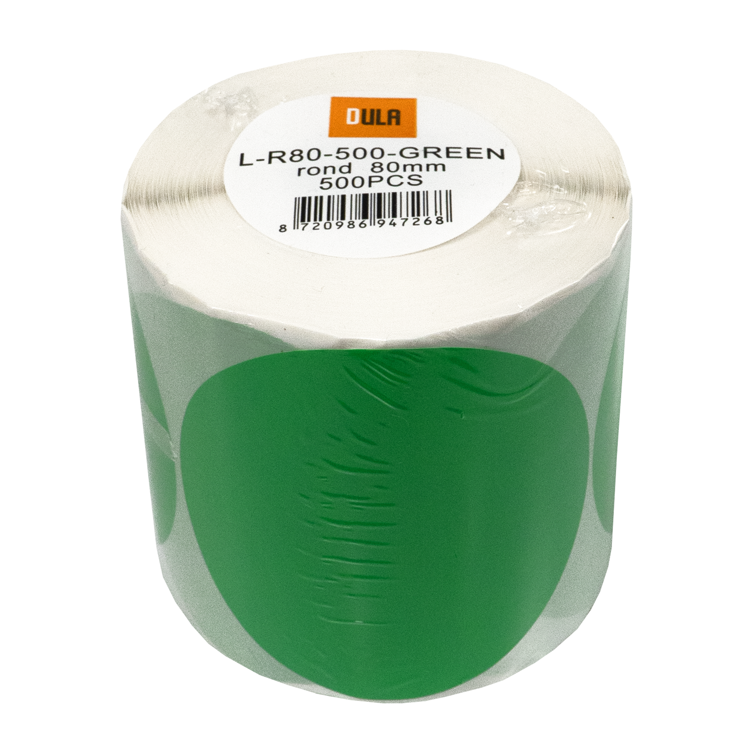 Een rol groene ronde stickers, verpakt in plastic. Het label zegt L-R80-500-GREEN, rond 80mm, 500PCS en DULA.
