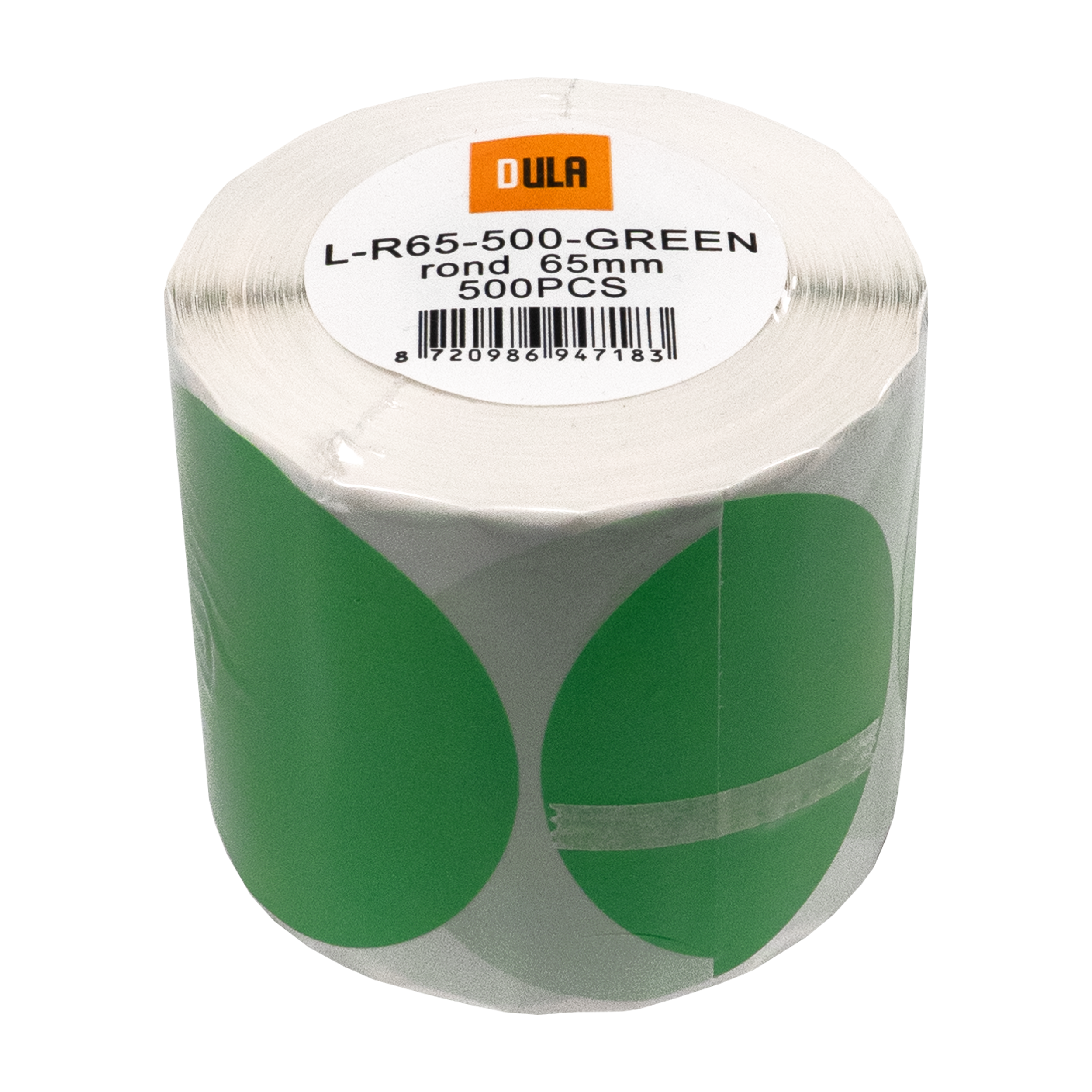Een rol groene ronde stickers met witte achterkant. Label zegt L-R65-500-GREEN, rond 65mm, 500PCS.