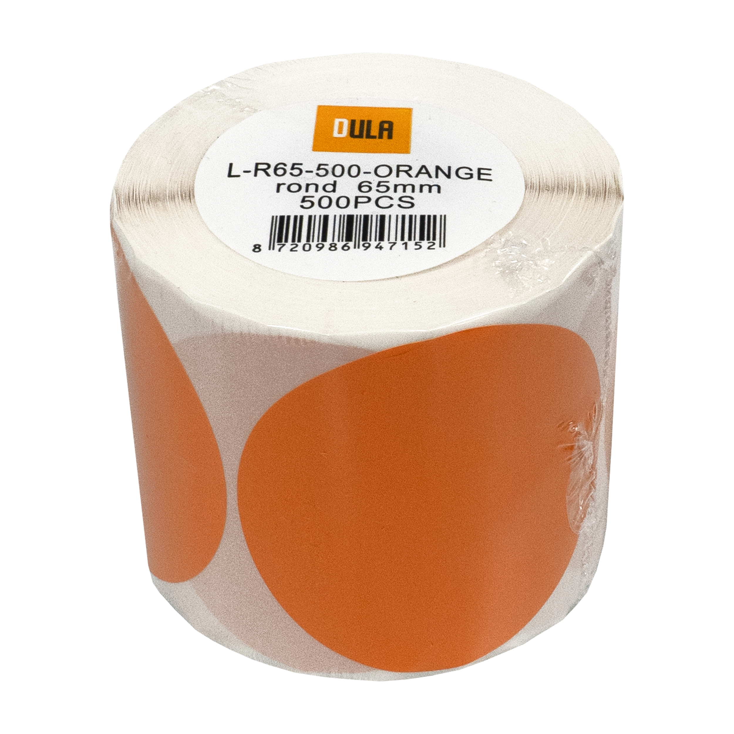 Een rol oranje stickers met een label. De rol zit in transparante verpakking.