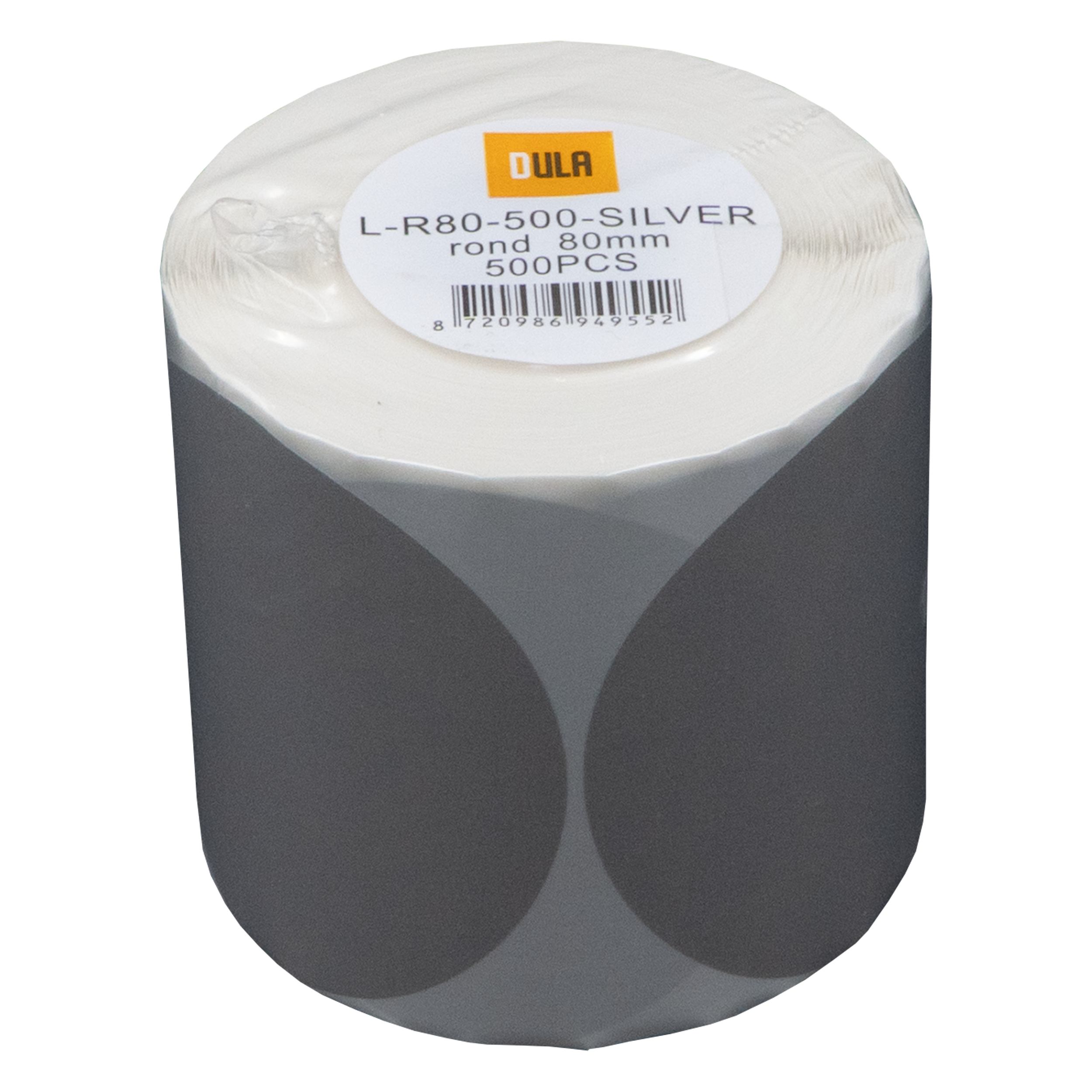Een rol witte etiketten met een grijze achterkant, verpakt in plastic. Het etiket toont tekst en een barcode.