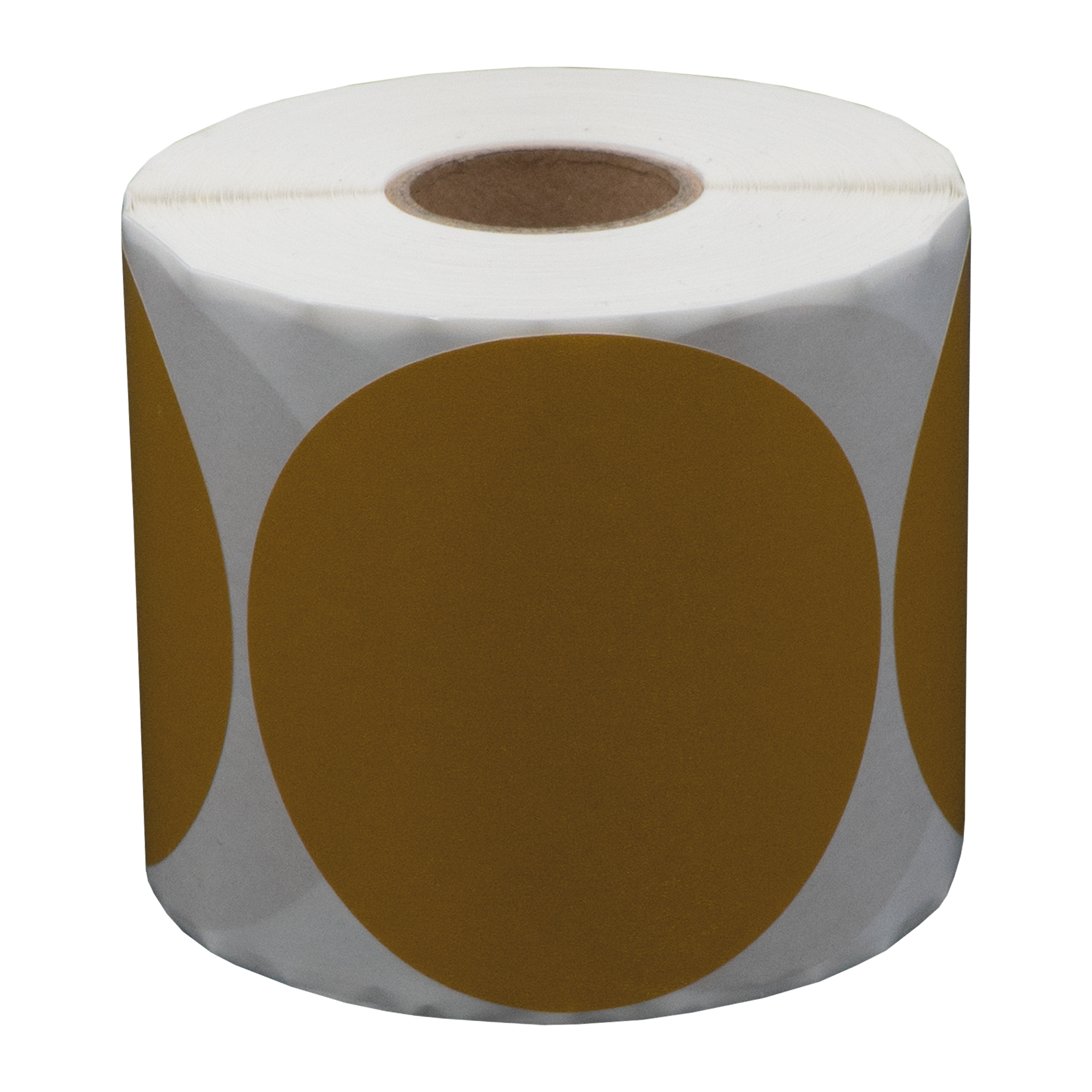 Een rol witte en gouden cirkelvormige stickers, met een bruine kartonnen kern.