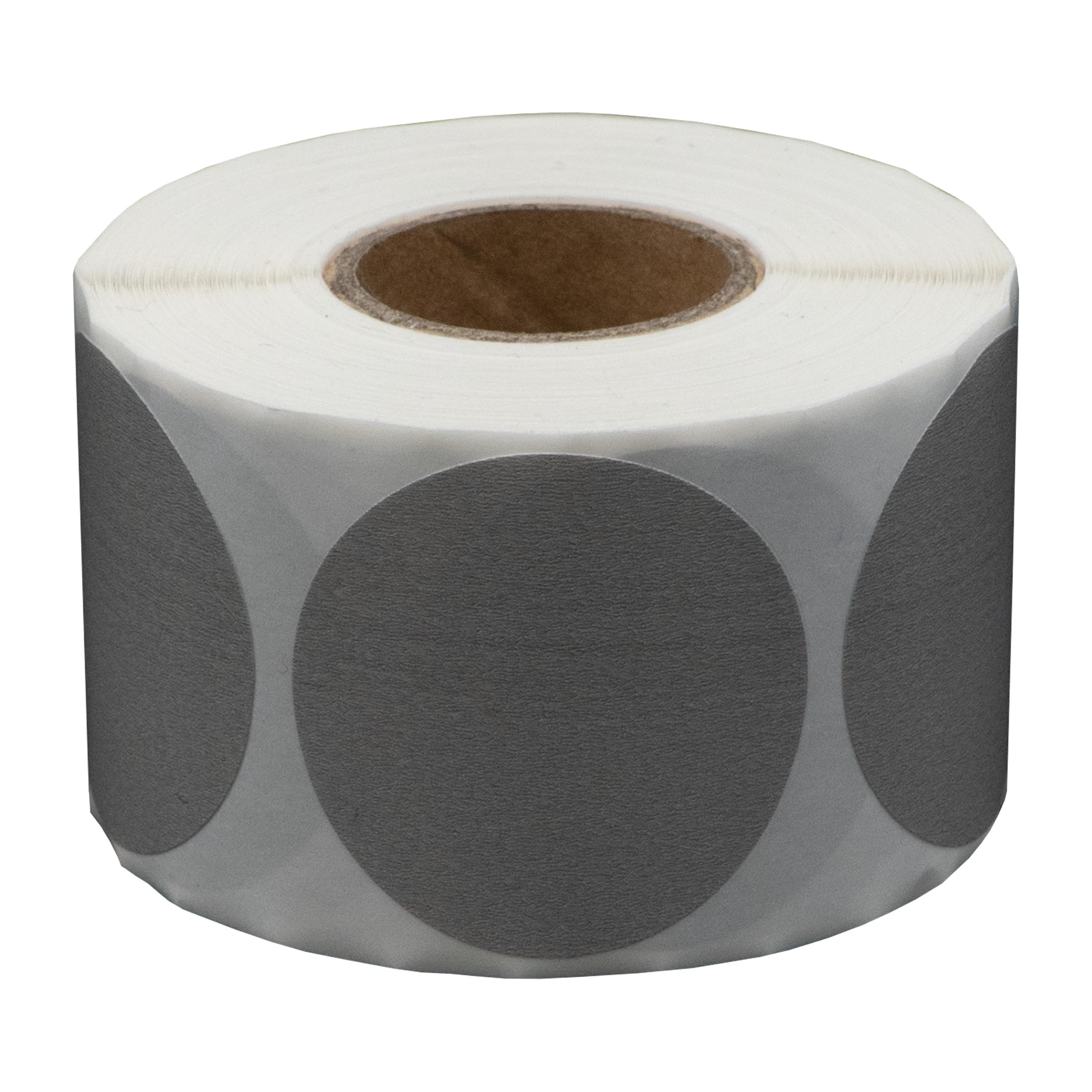 Een rol stickers. Grijze ronde stickers op een witte achtergrond. De kern is bruin.