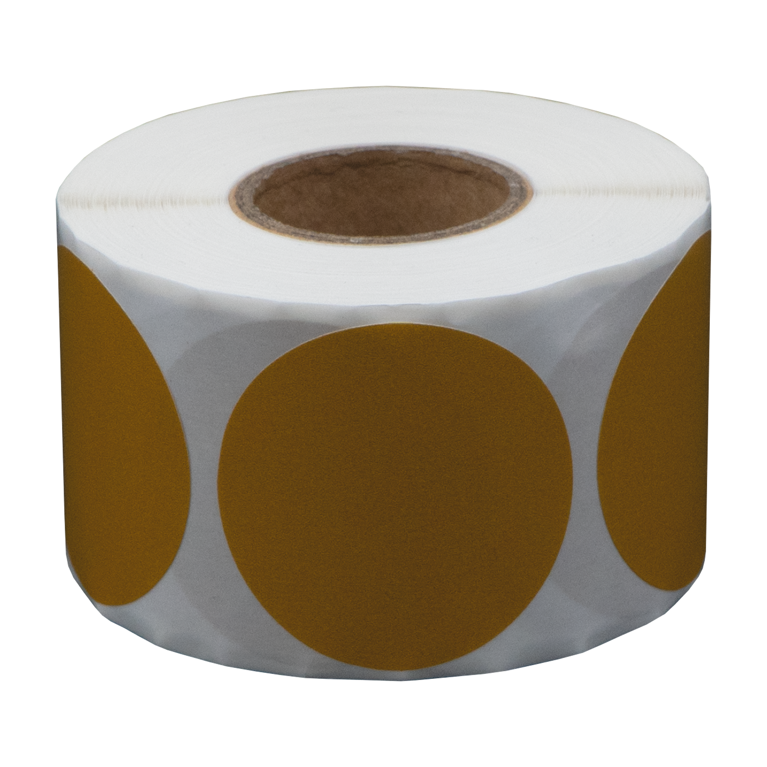 Rol wit papier met bruine ronde stickers. Bruine kartonnen kern zichtbaar.