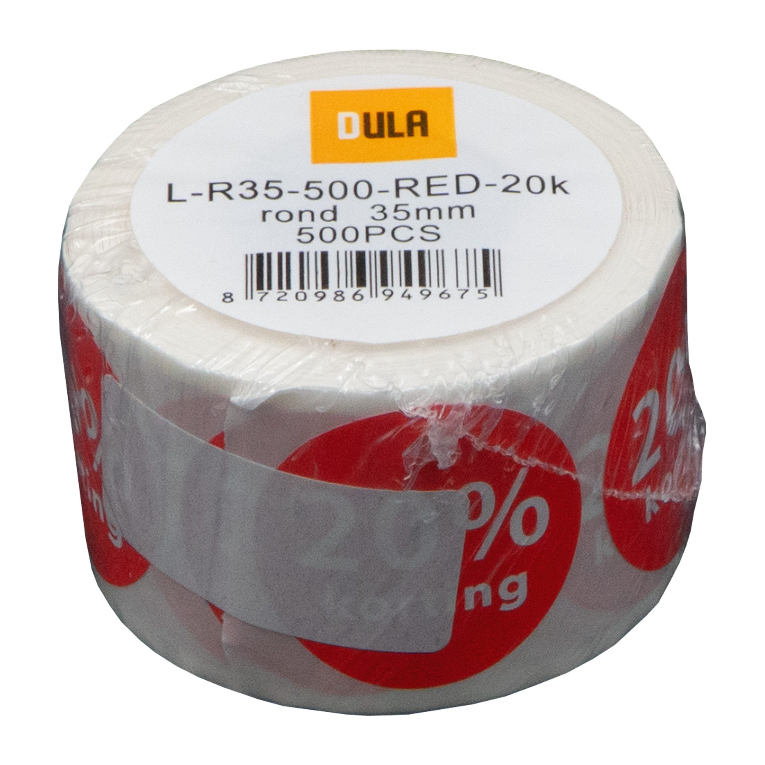 Een rol witte etiketten met rode accenten, verpakt in plastic. Tekst bevat 'DULA' en '20% korting'.