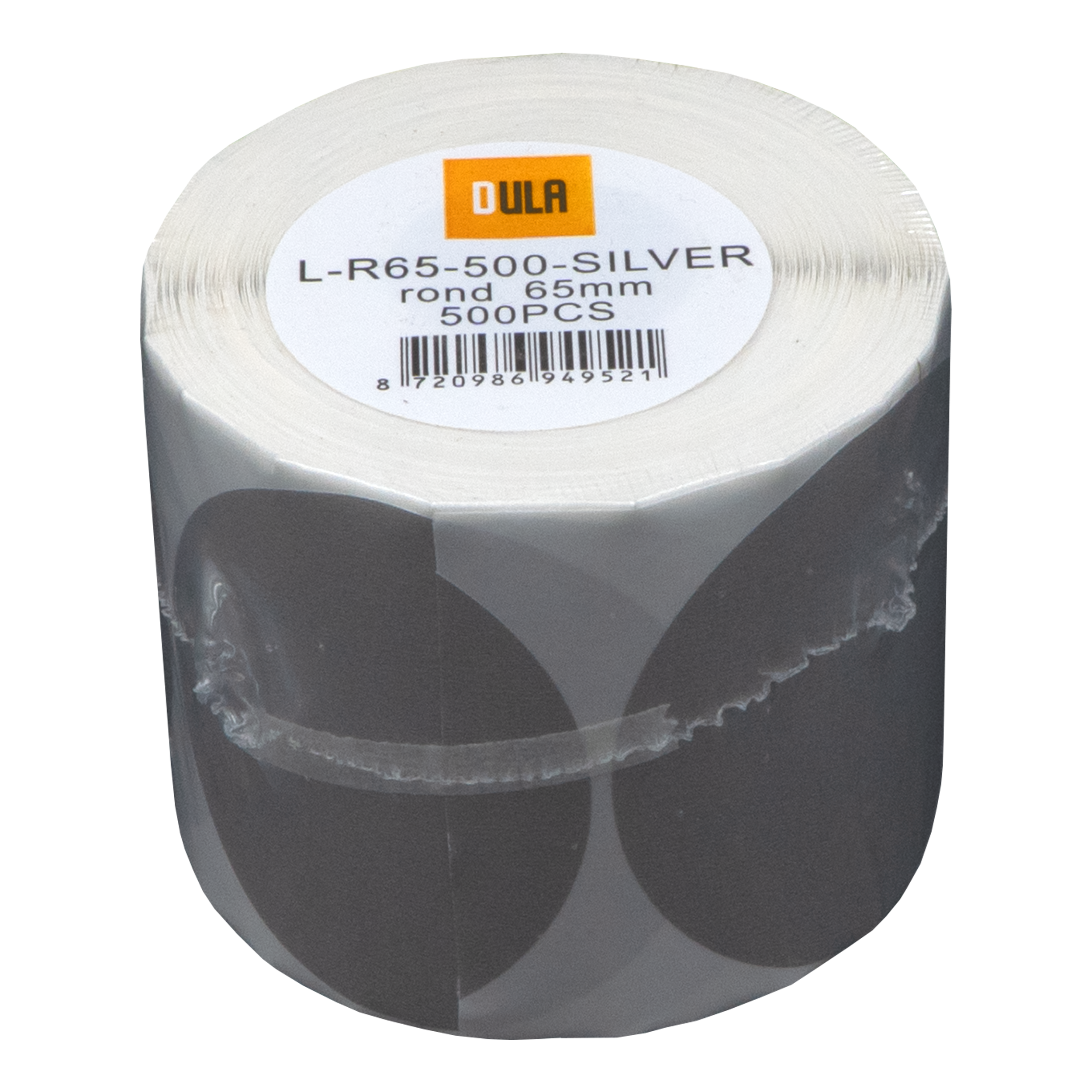 Een rol zilveren ronde stickers. Op het etiket staat L-R65-500-SILVER rond 65mm 500PCS.