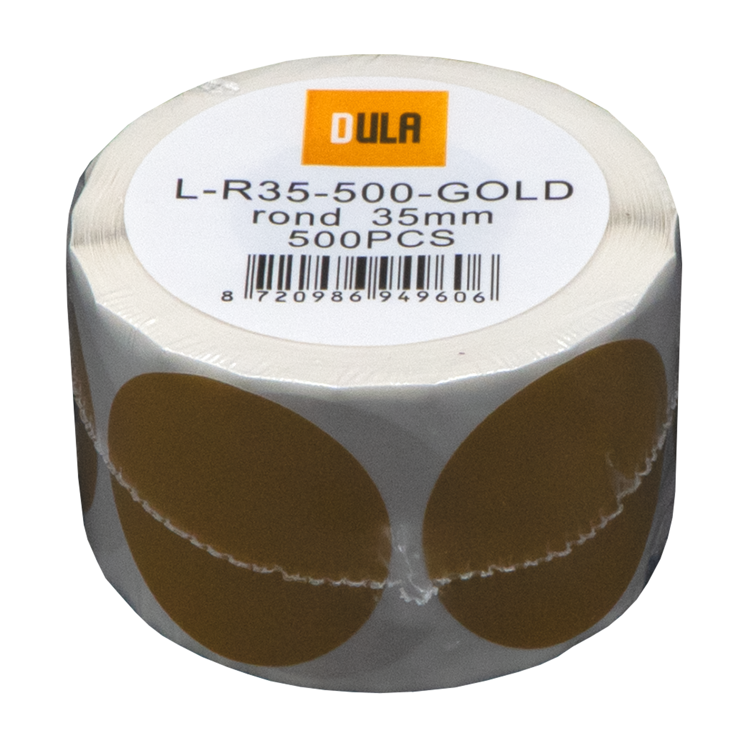 Een rol gouden etiketten met productinformatie. De merknaam is DULA.