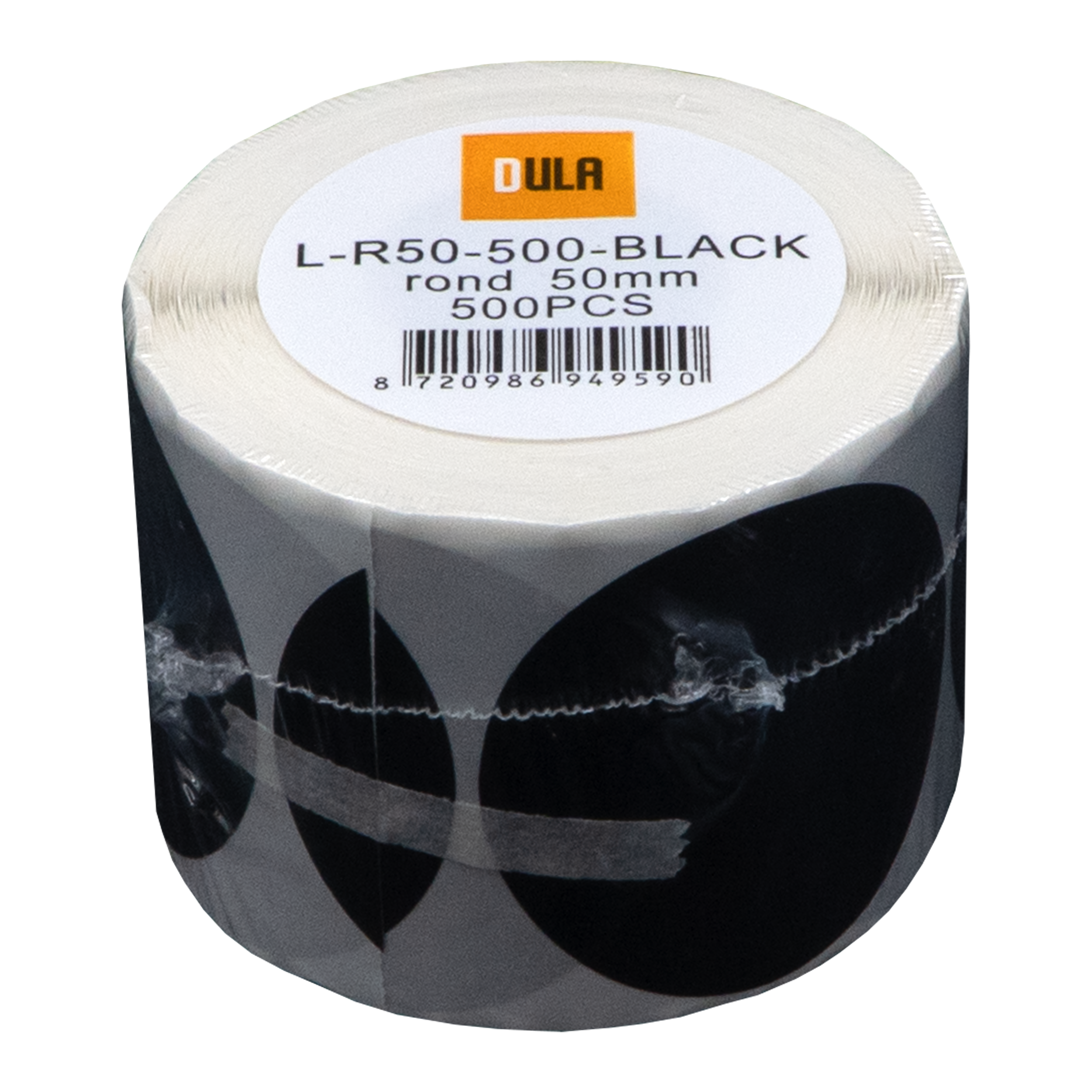 Een rol zwarte ronde stickers. Het etiket zegt 'L-R50-500-BLACK rond 50mm 500PCS' en 'DULA'.
