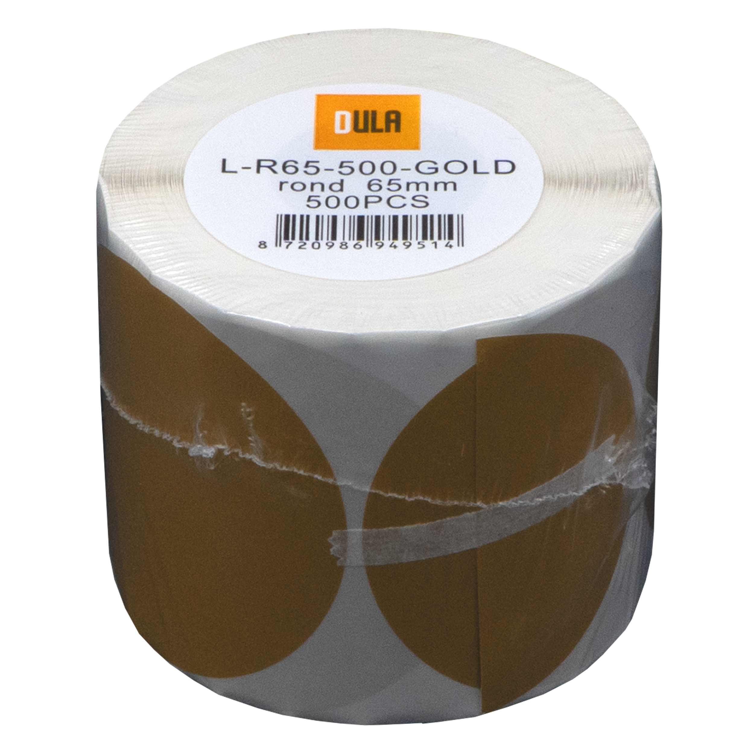 Een rol etiketten verpakt in plastic. Het etiket toont productinfo: GOLD, 65mm, 500PCS. Het merk is DULA.