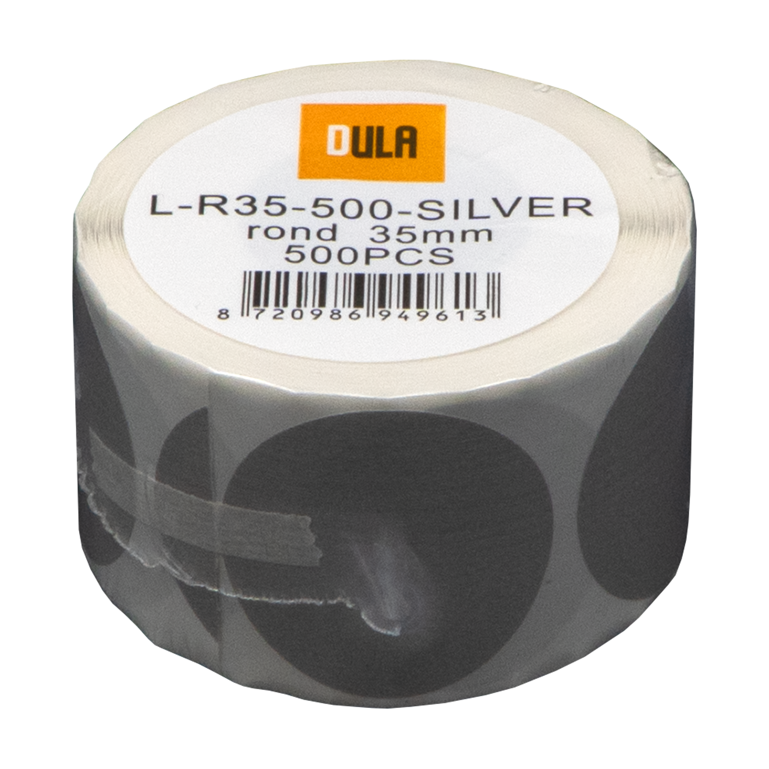 Een rol zwarte, ronde stickers met witte papieren wikkel. Het label zegt 'L-R35-500-SILVER'.