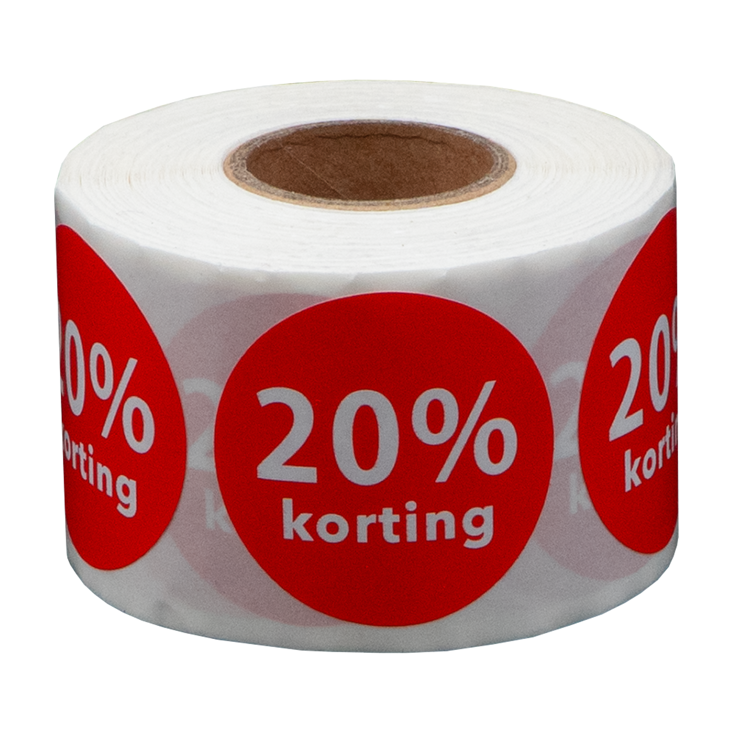 Een rol stickers met rode cirkels. Elke heeft een wit percentage en het woord 'korting', wat korting betekent.