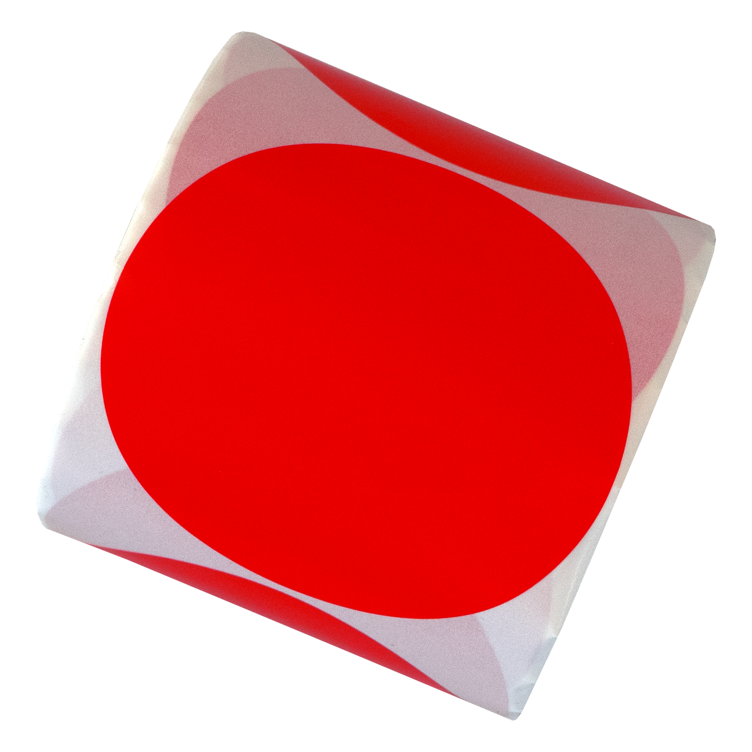 Afbeelding van een ingepakt cadeau met een grote rode cirkel erop, witte achtergrond.
