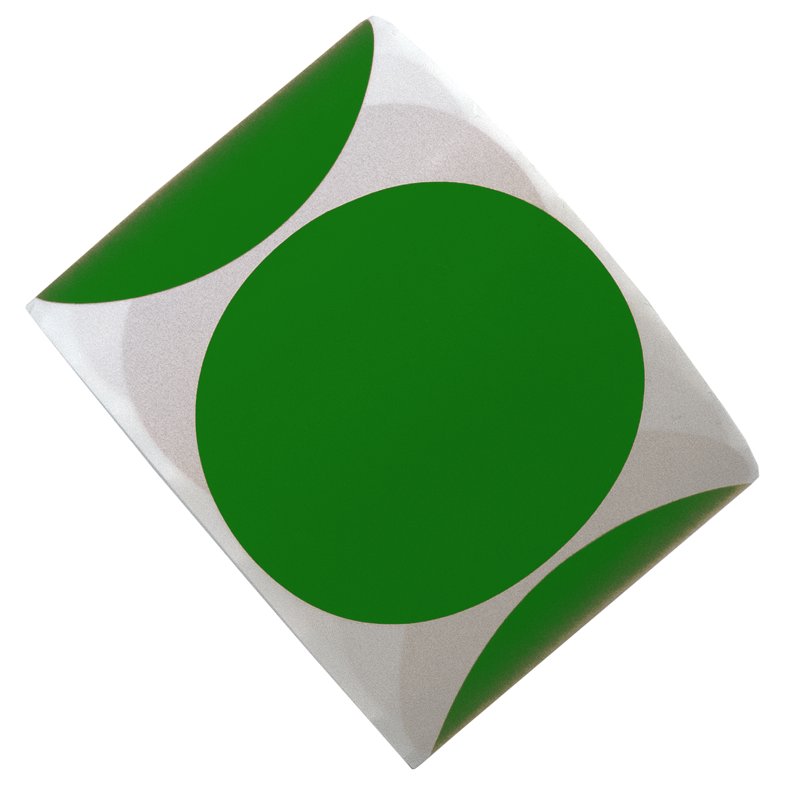 Een witte vierkant met drie groene cirkels. De cirkels staan in de hoeken. Eén grotere cirkel in het midden.