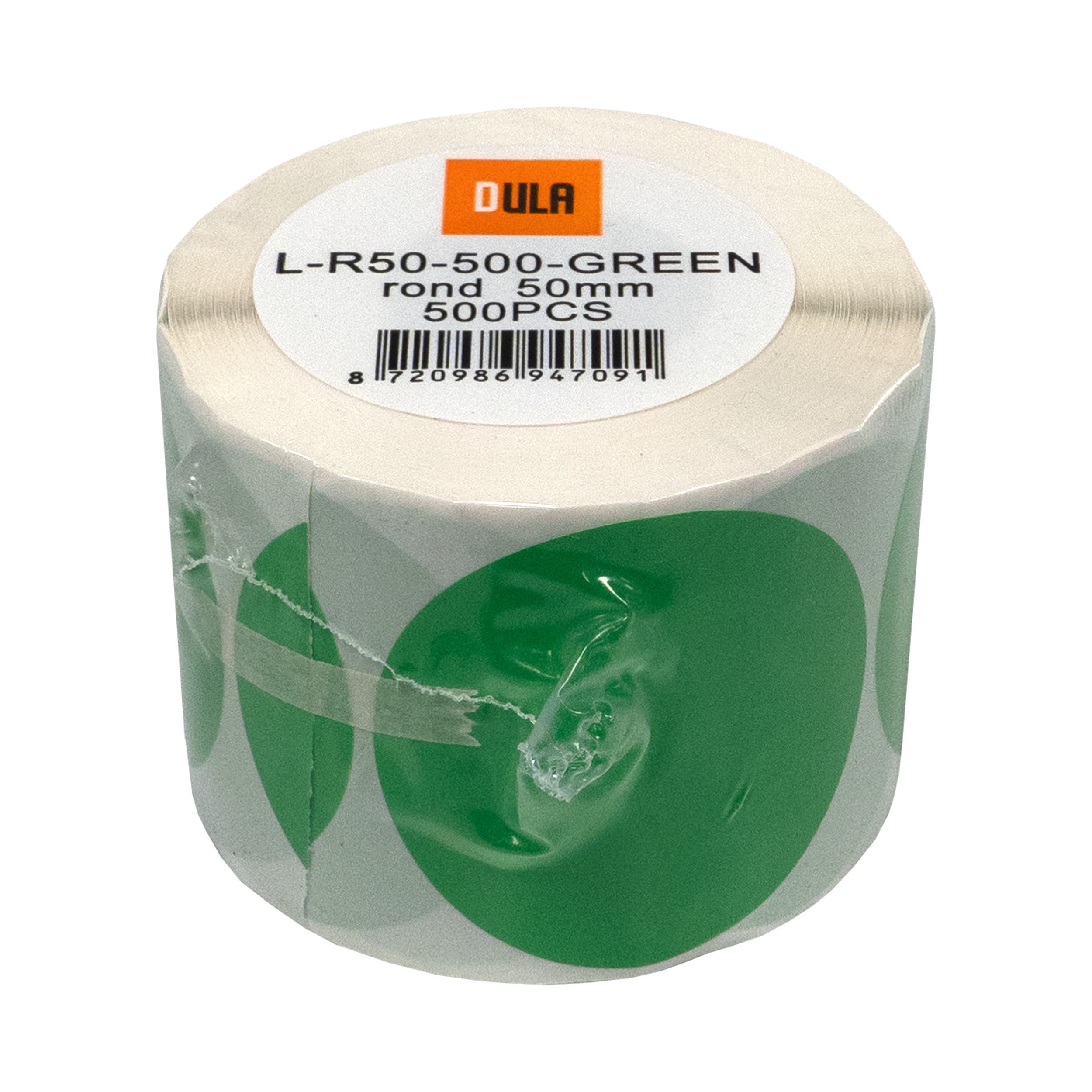 Een rol groene ronde etiketten. De etikettenverpakking is wit, met groene stickers. De merknaam is DULA.