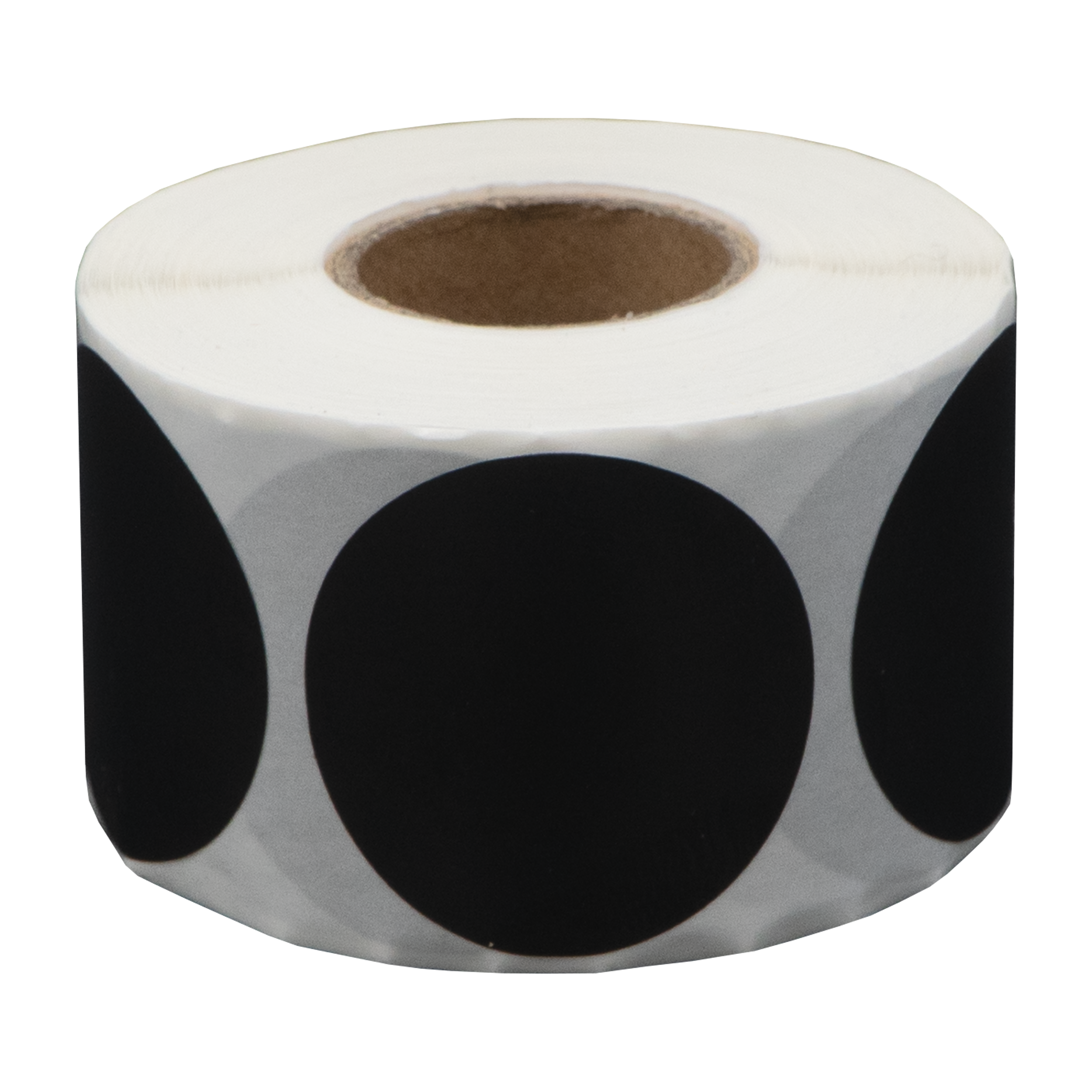 Een rol witte stickers met zwarte cirkelvormige etiketten. Het midden is karton. De achtergrond is wit.